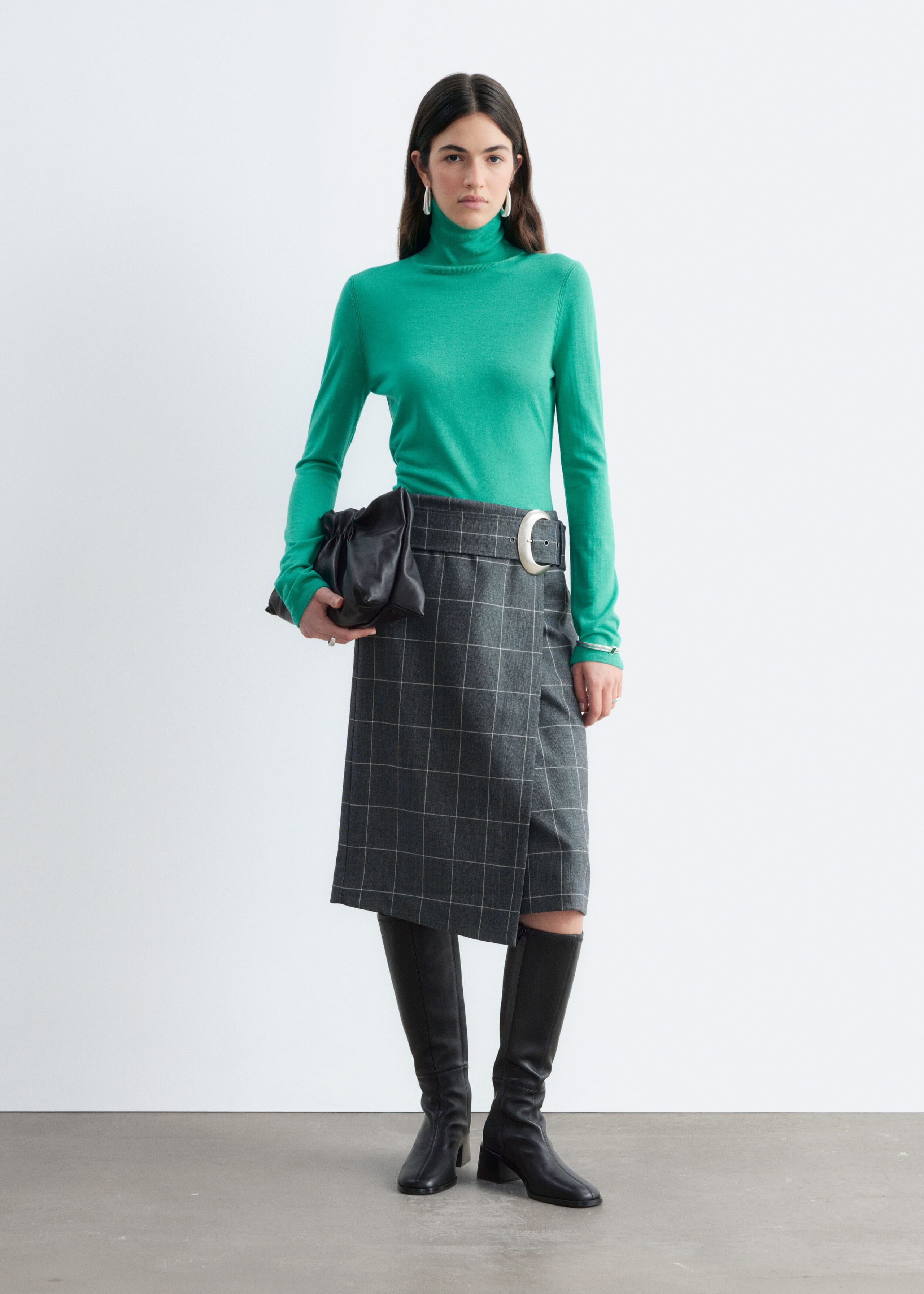 Merino Wool Polo Neck Top - Dark Brown - Lookbook