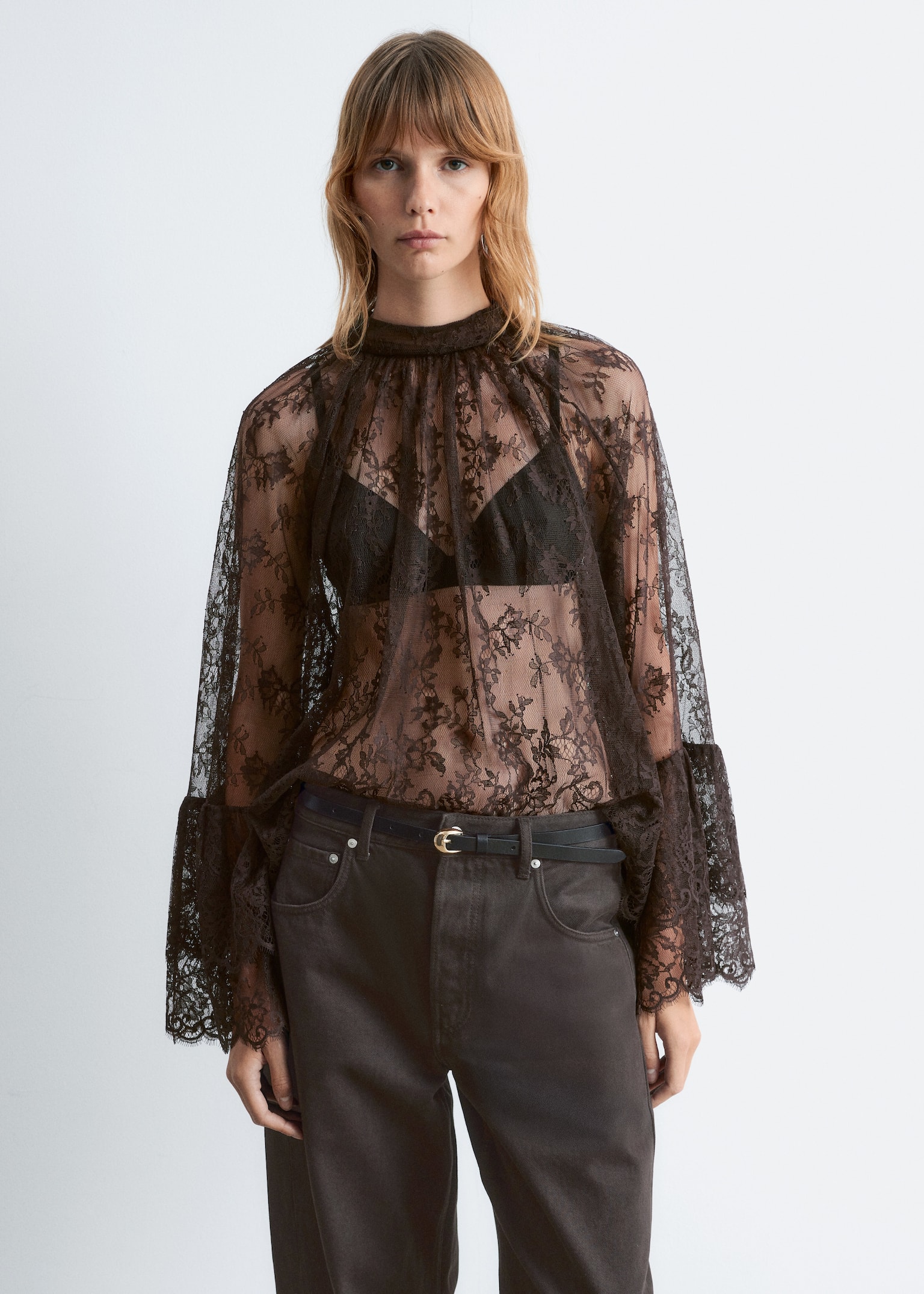 Flounced Lace Blouse - Dark Brown - 3