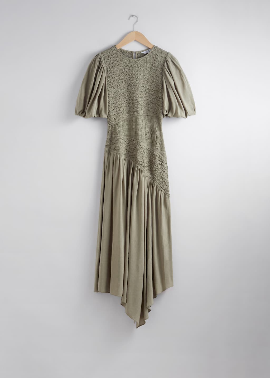 Smocked Asymmetric Midi Dress - Khaki - Still Life