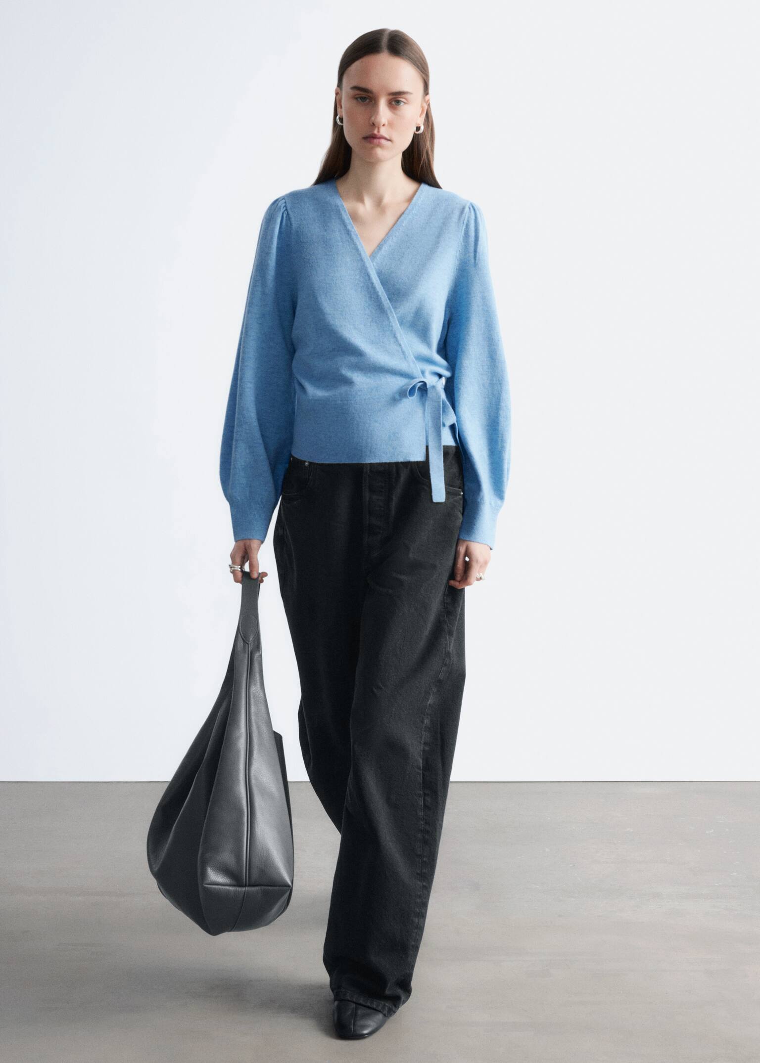 Zavinovací kardigan z merino vlny - Modrá melange/šedý melír/Světle šedobéžová - 4