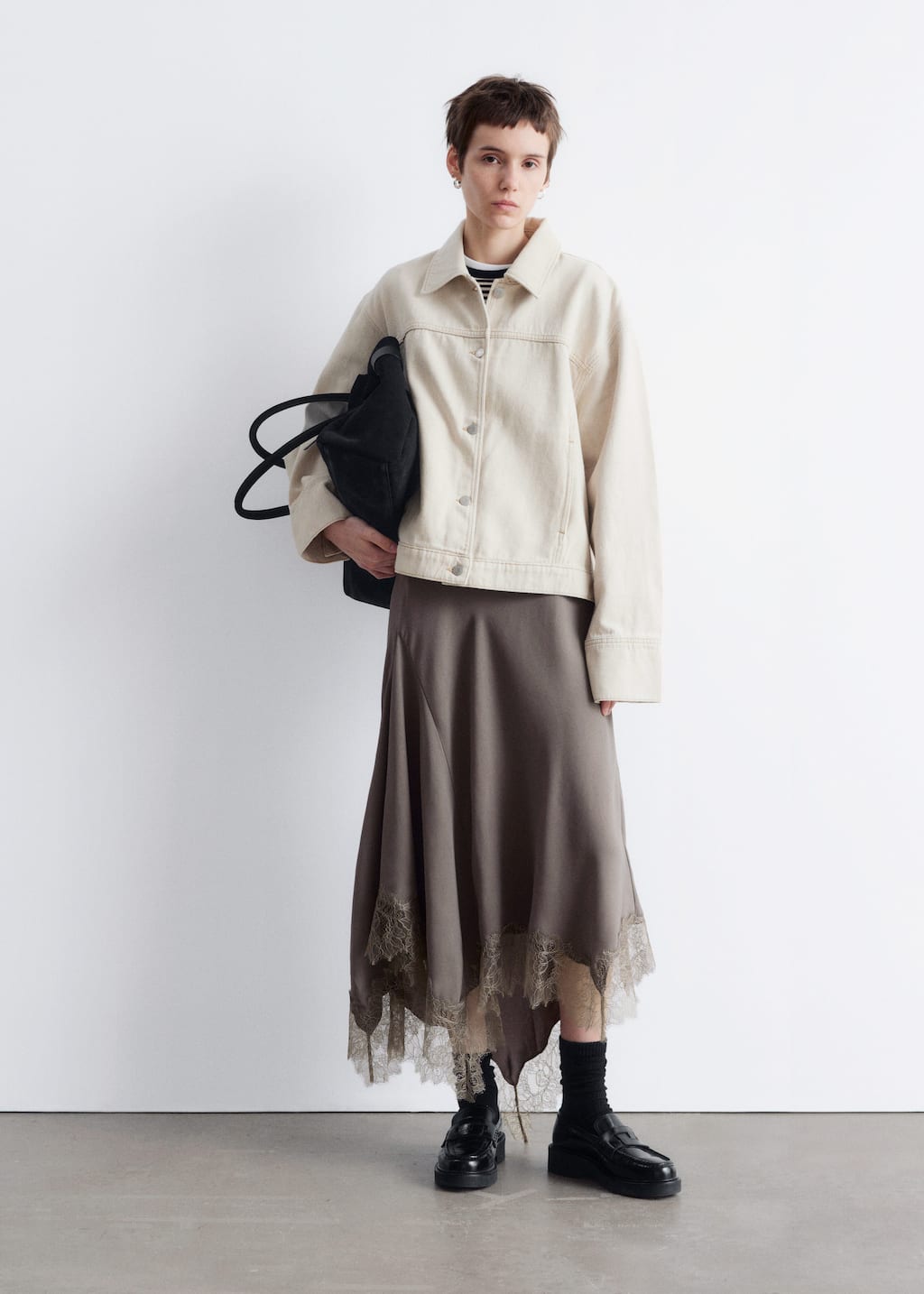 Image of Asymmetrical Lace-Trimmed Midi Skirt