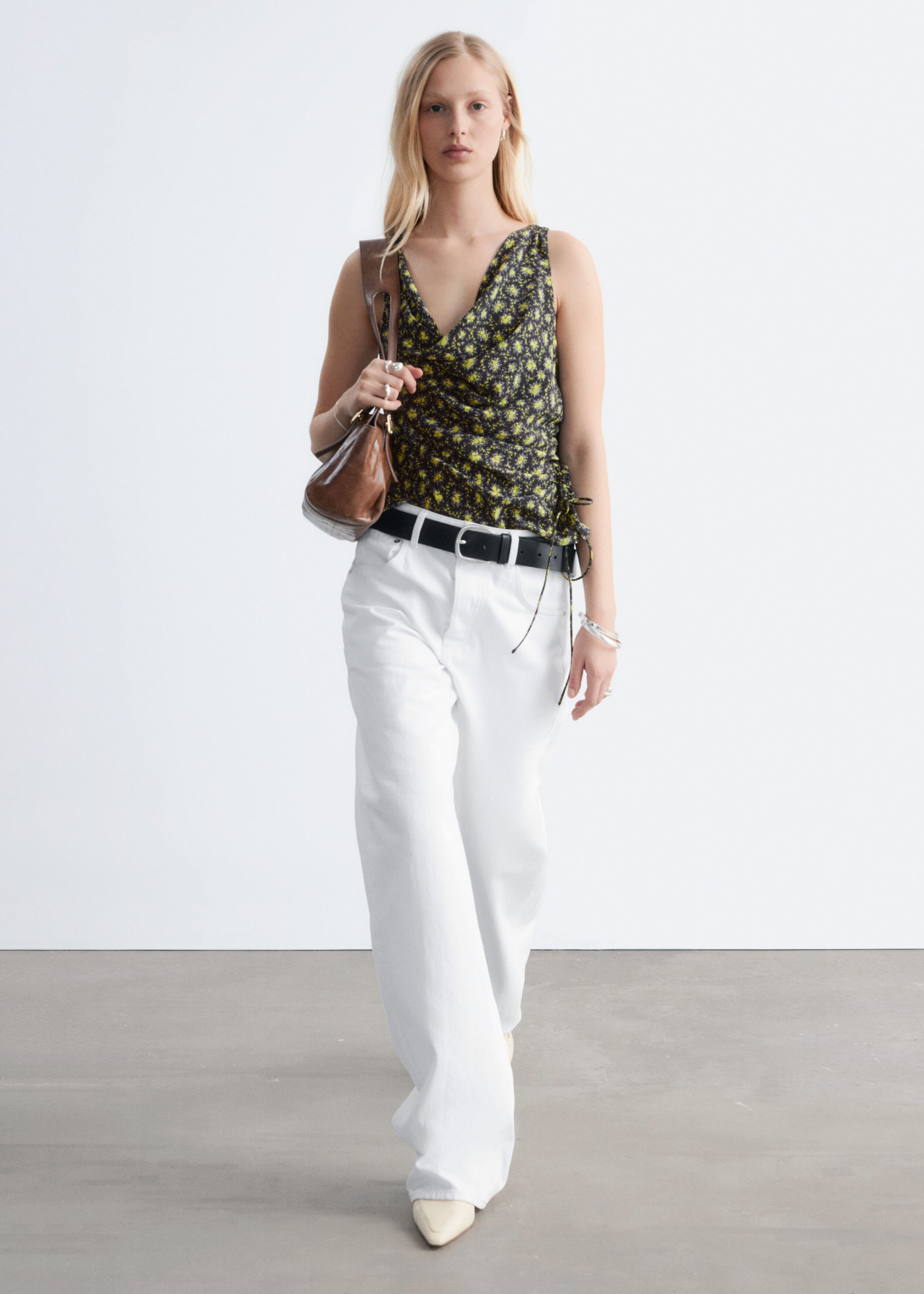 Image of Haut en soie imprimée à cordon de serrage