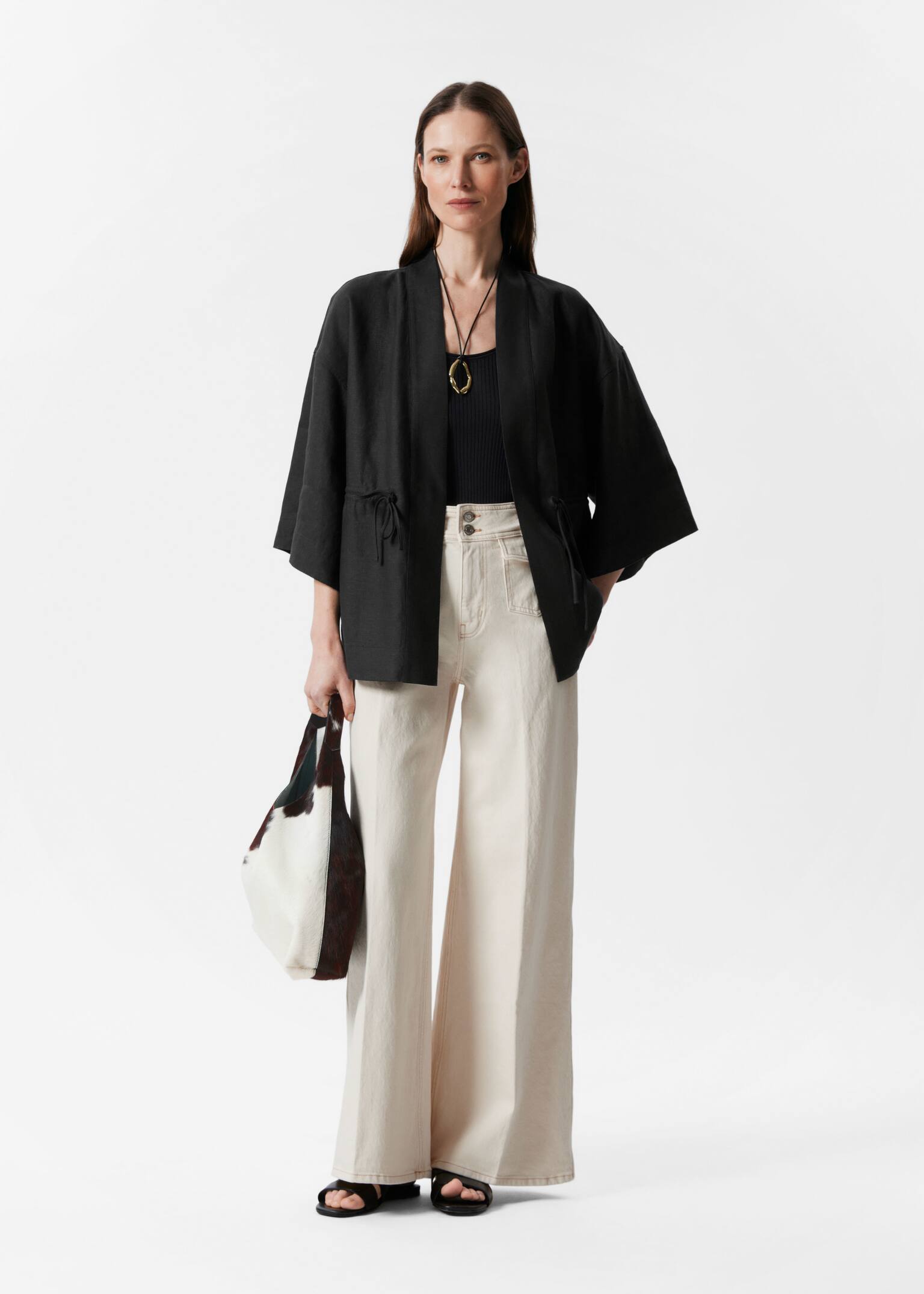 Blazer in lino con coulisse - Nero/Verde kaki - 6