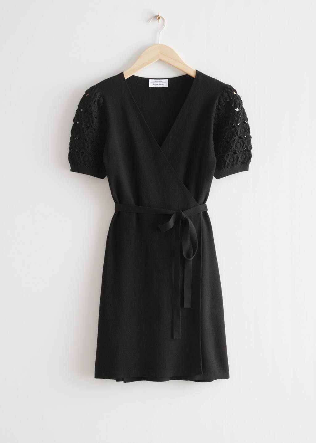 Crocheted Mini Wrap Dress - Black - Bodegón