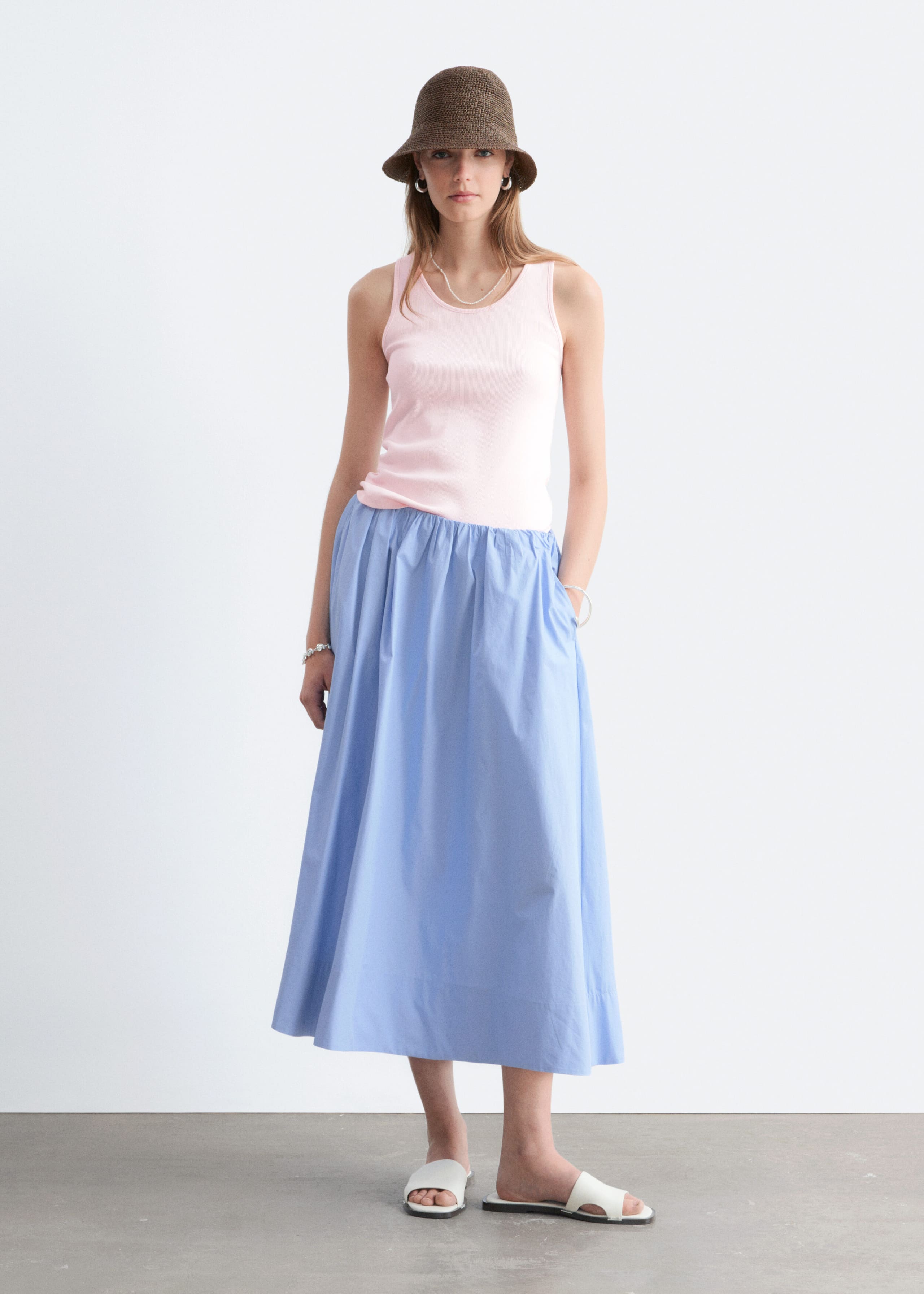 Cotton Midi Skirt - Light Blue - Lookbook