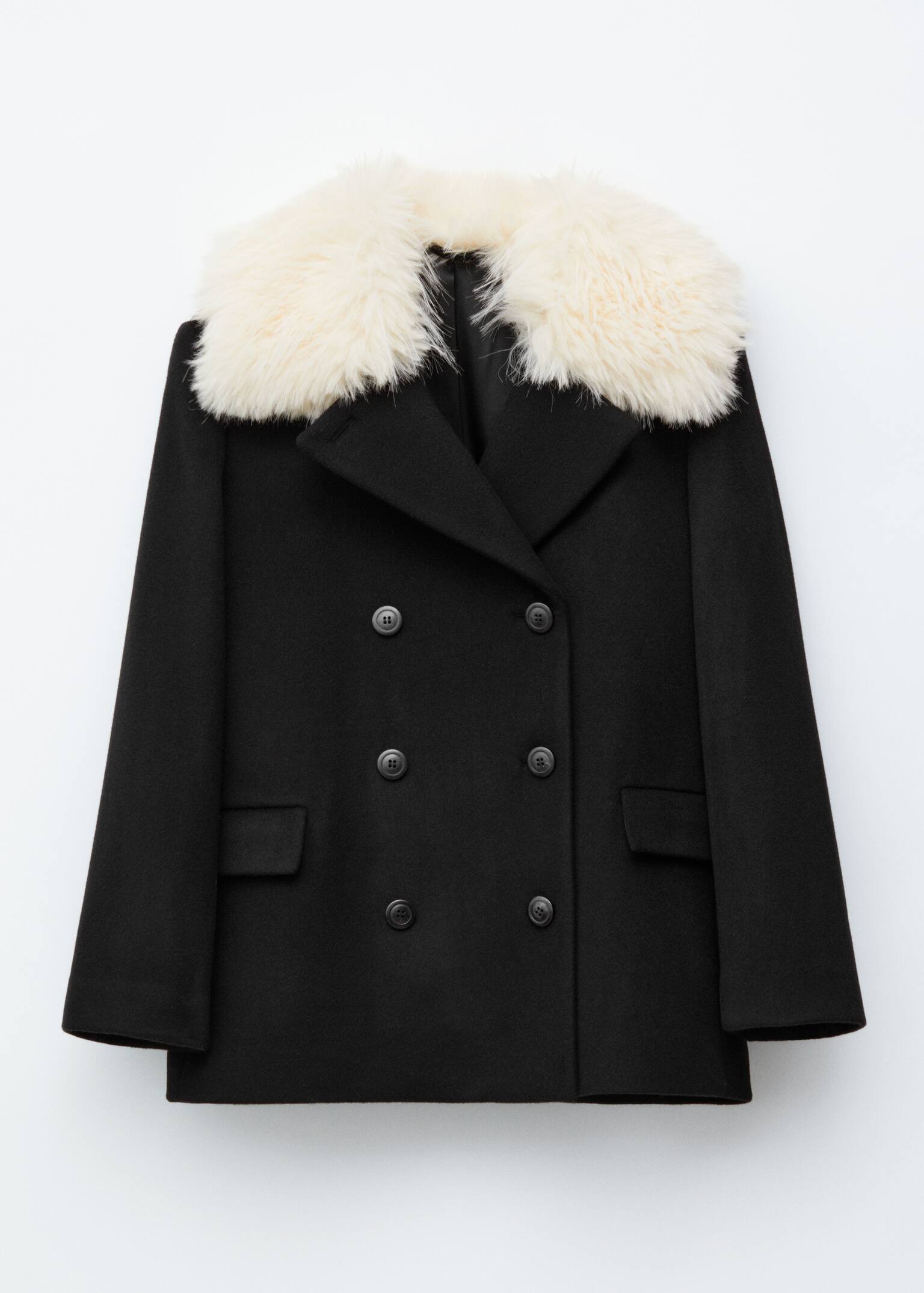 Short Fur-Collar Wool Coat - Black
