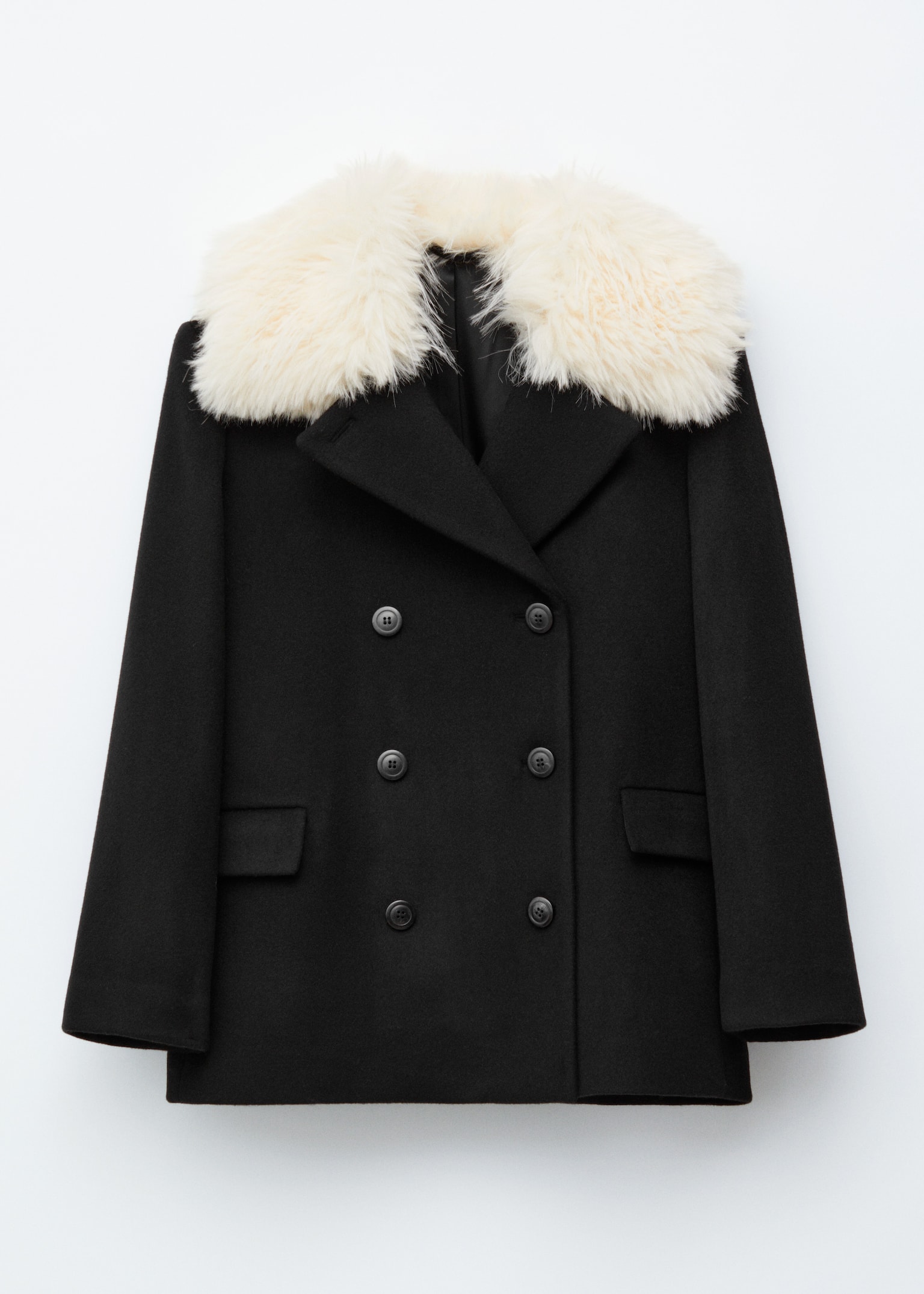 Short Fur-Collar Wool Coat - Black