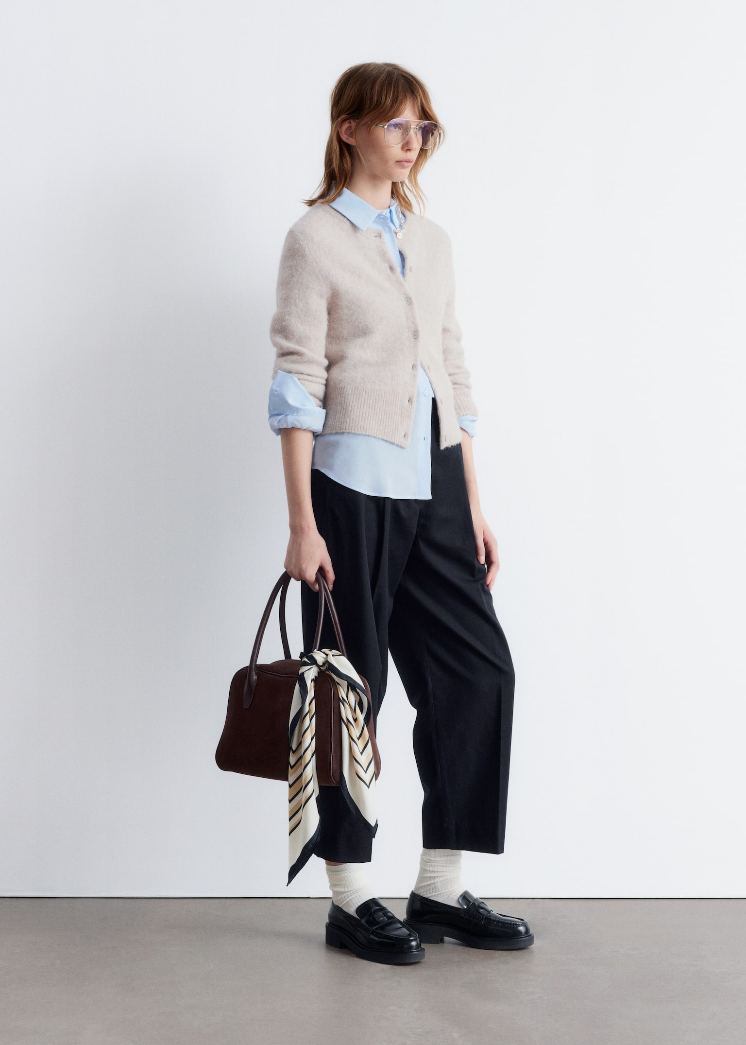 Alpaca-Blend Knit Cardigan - Greige/Dark Red/Dark Blue - 3