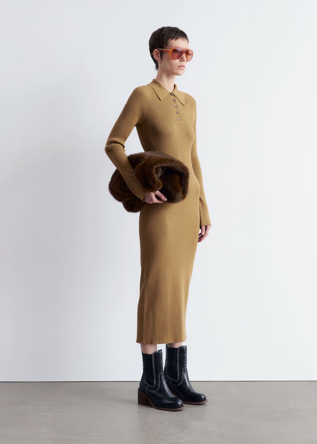 Image of Rib-Knit Polo Midi Dress