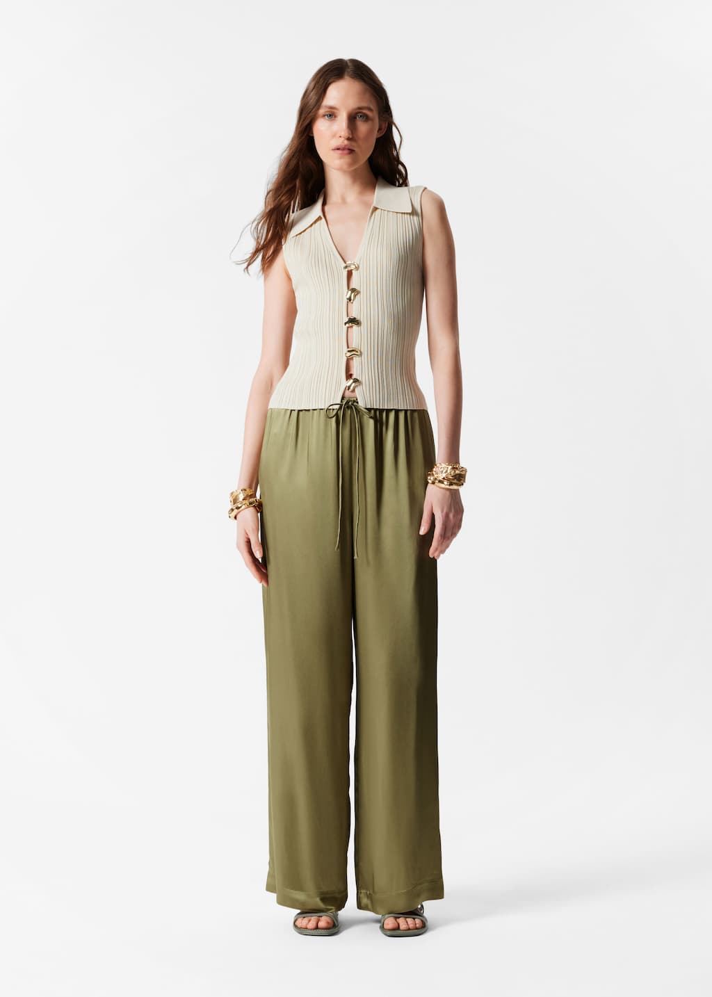 Rib-Knit Collar Tank Top - Dusty White - Lookbook