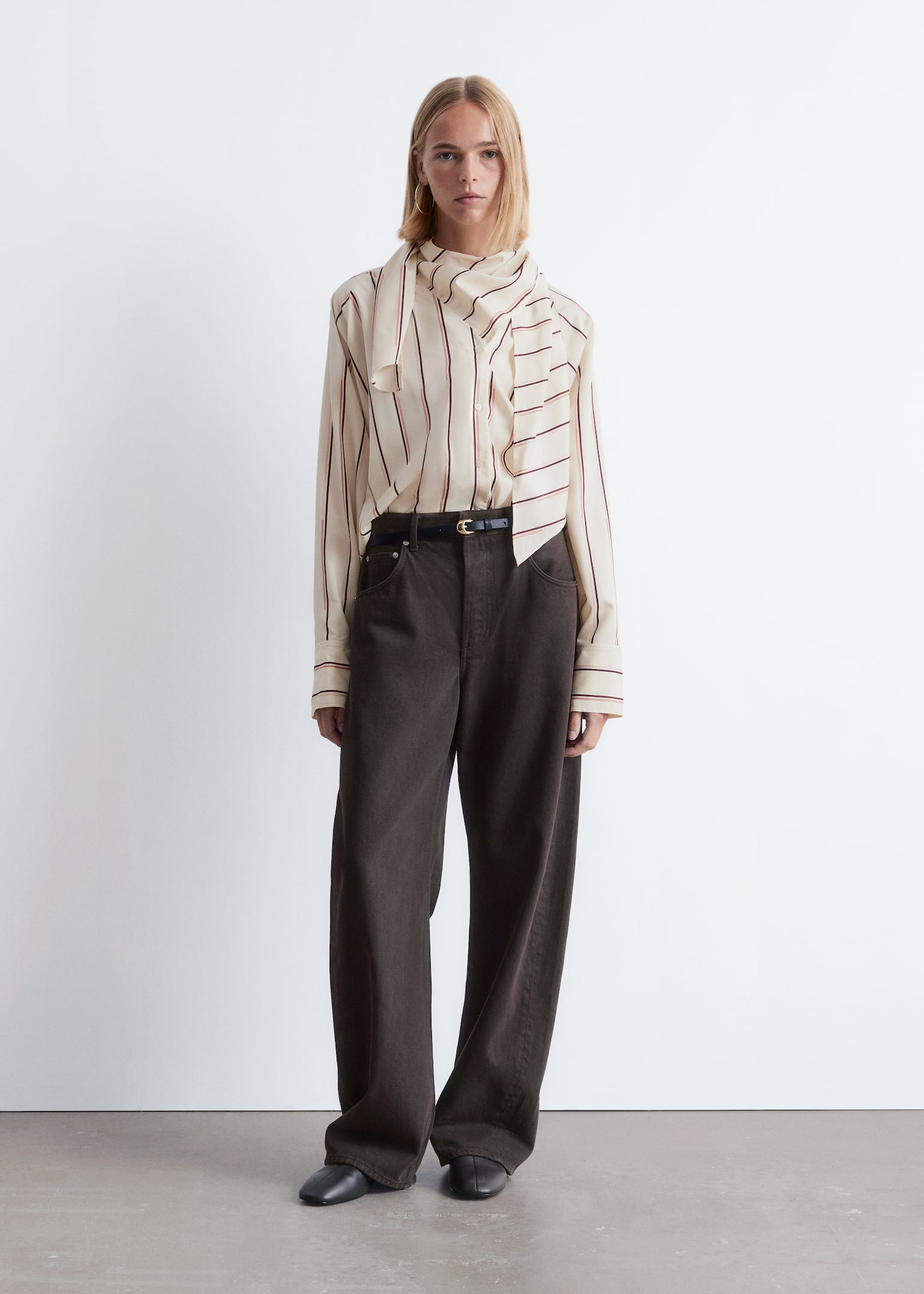 Scarf-Detail Shirt - Beige Stripes/Dark Red - 6