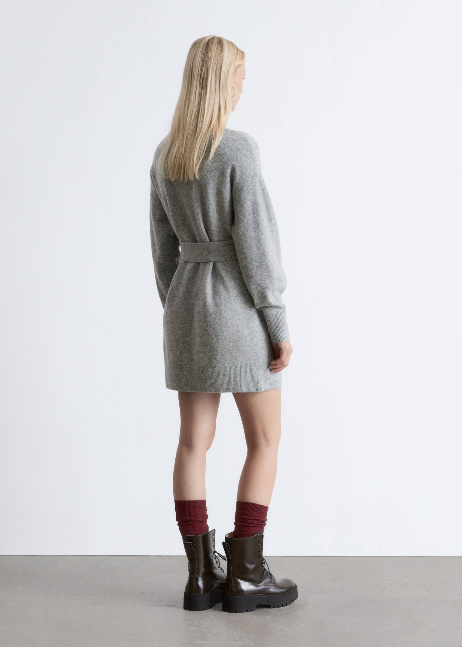 Belted Mini Knit Dress - Grey/Black - 5