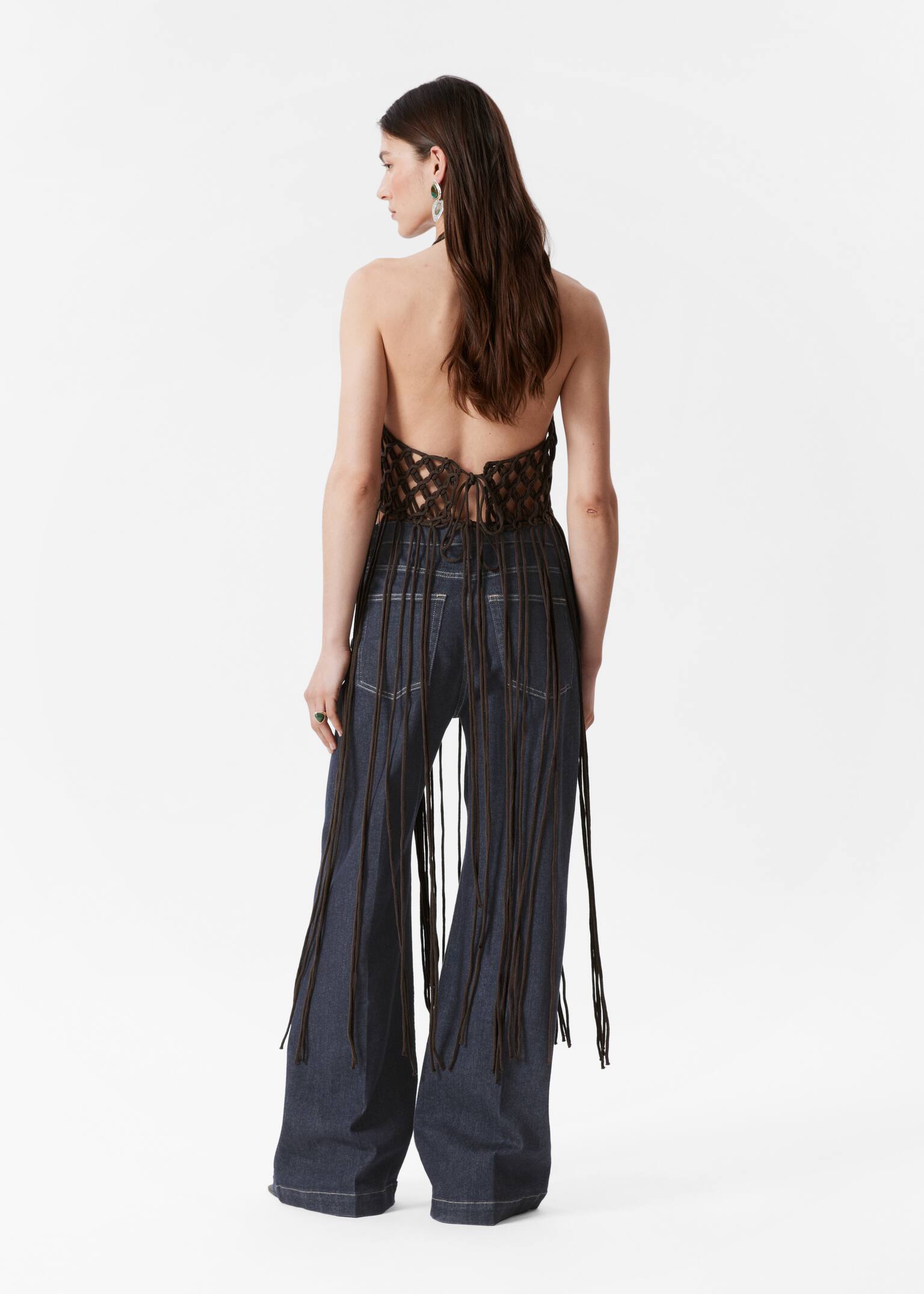 Haut à dos nu en macramé à franges - Marron foncé - 7