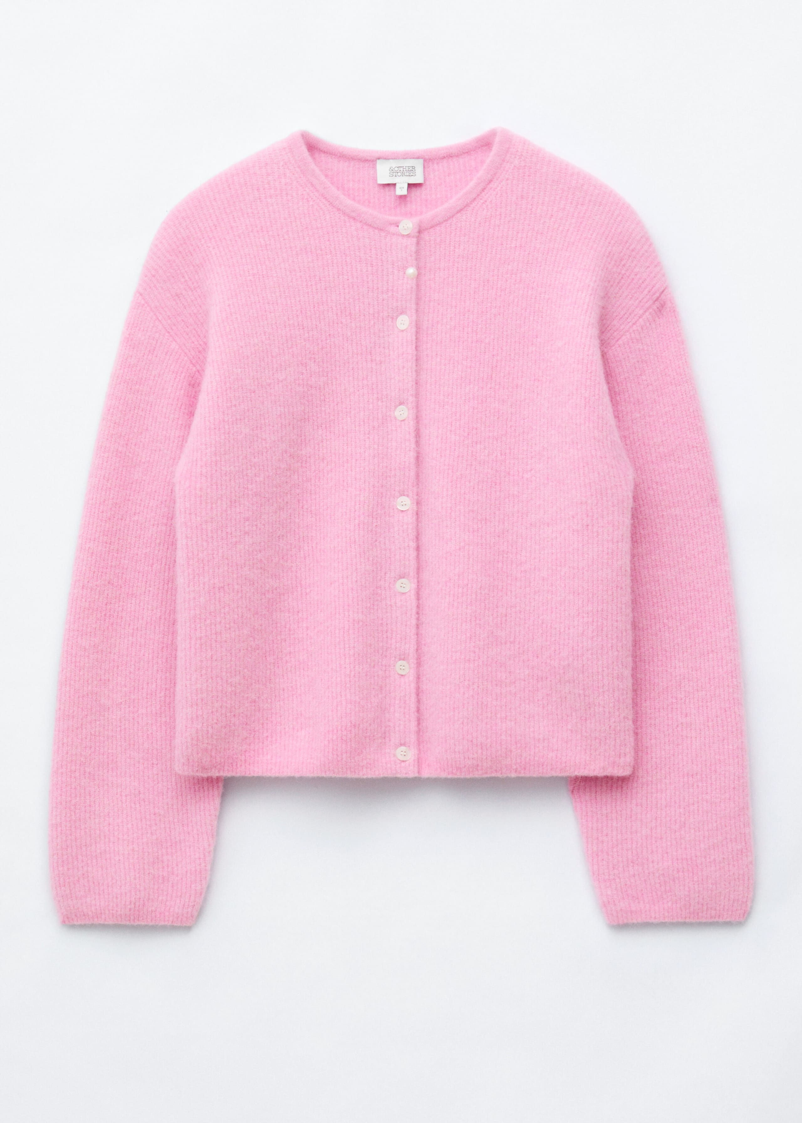 Stickad cardigan i alpackablandning – Rosa – stilleben
