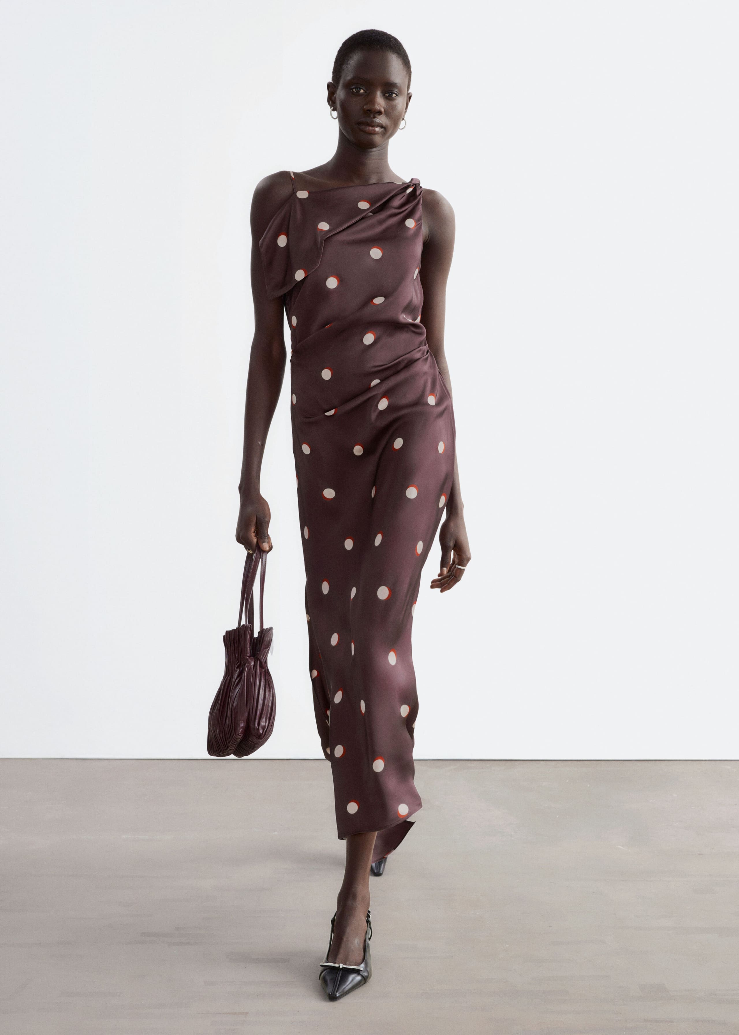 Asymmetric Satin Dress Dark Red/Dots