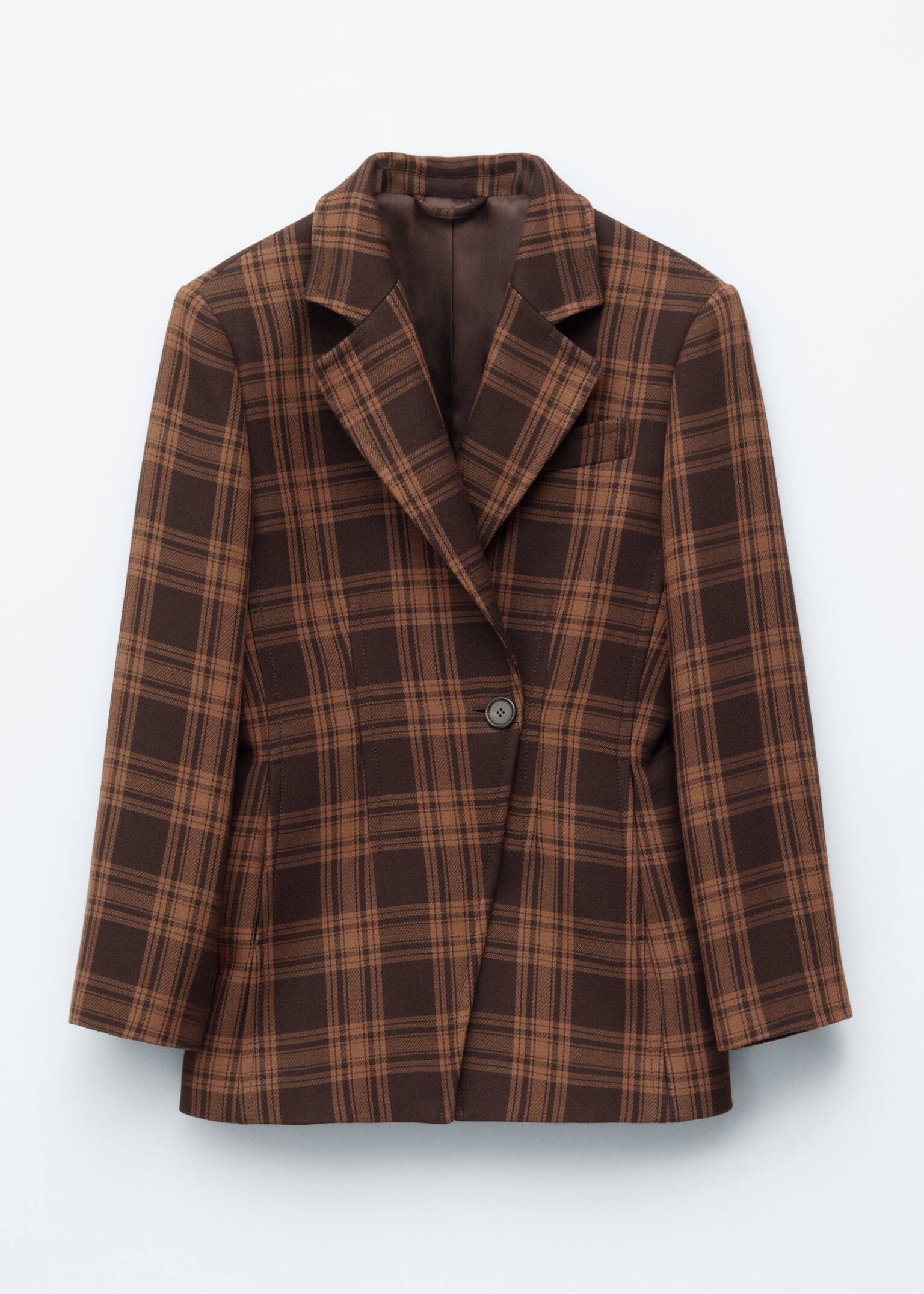 Fitted Shoulder-Pad Blazer - Brown Checked/Dusty Blue - 2