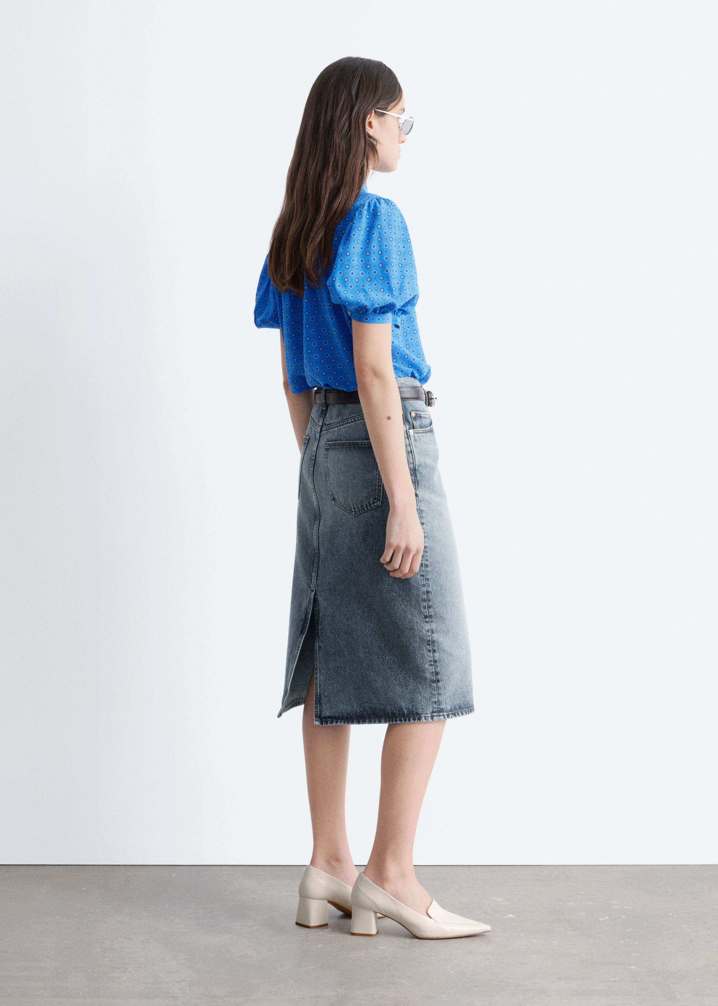 Printed Tie-Neck Silk Blouse - Bright Blue/Pattern - & Other