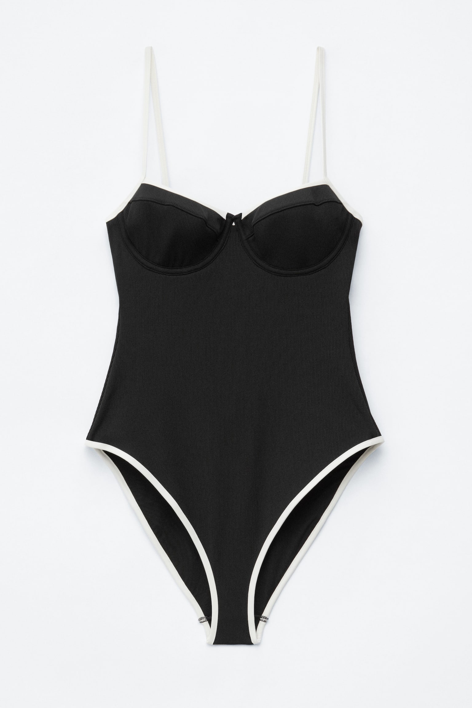 Geribbeld badpak met contrastbies - Zwart/wit - 1