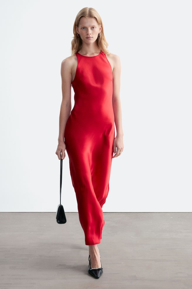 Sleeveless Satin Midi Dress - Red/Champagne/Dark Red/Dark Brown/Warm Taupe/Dark Blue - 1