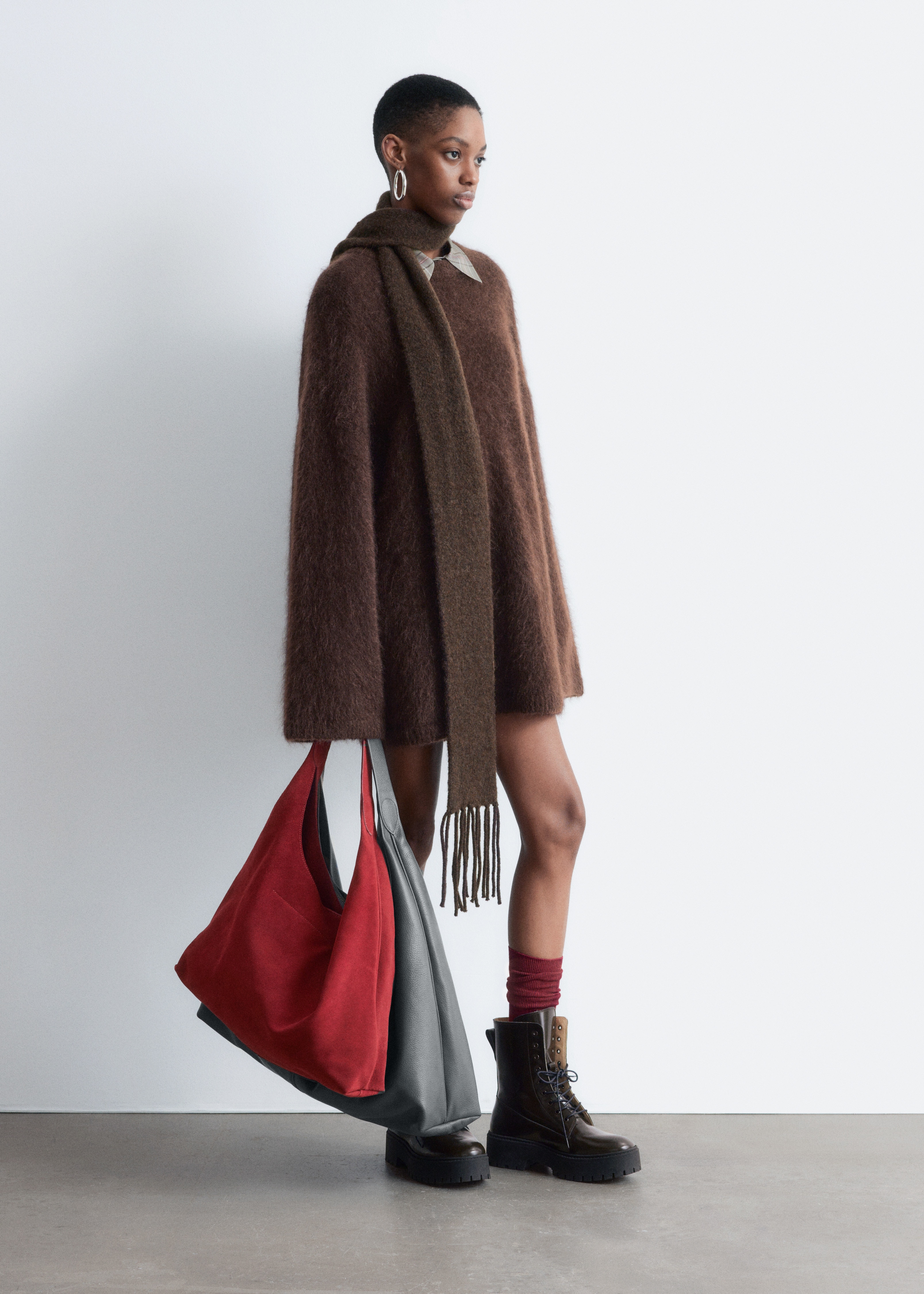 Alpaca-Blend Fringed Slim Scarf - Dark Brown