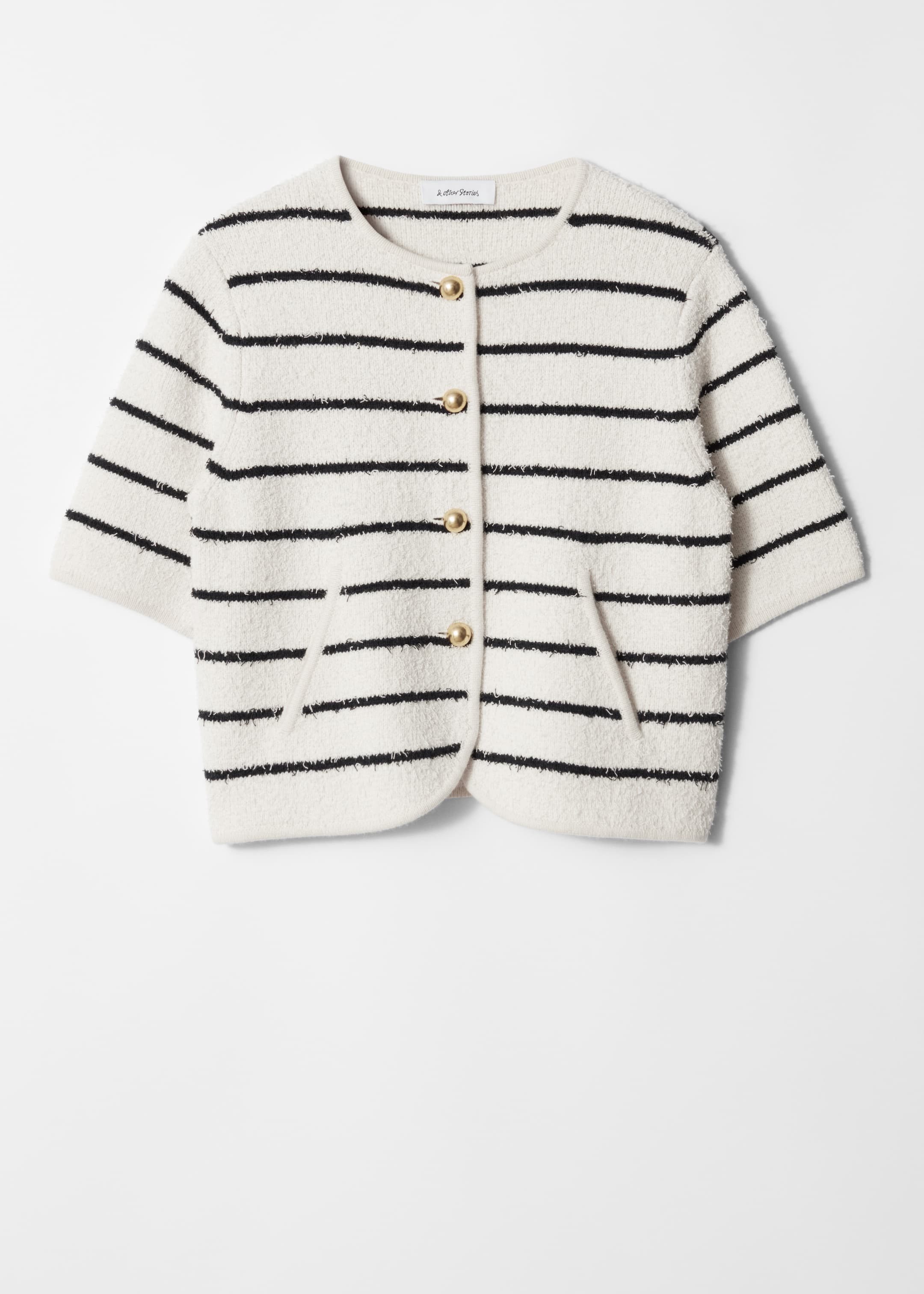 Grotere afbeelding bekijken: Textured Short-Sleeve Cardigan - Black/White Stripes - DAMES | H&M BE 1