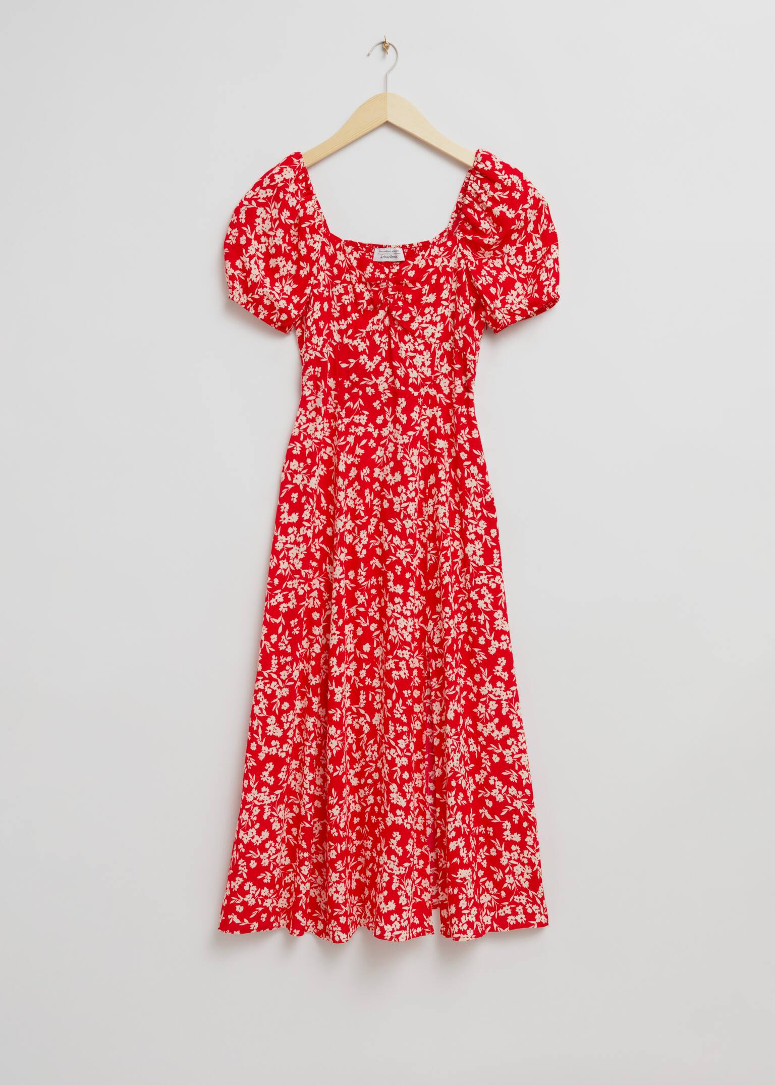 Flowy Puff Sleeve Midi Dress - Red Floral Print