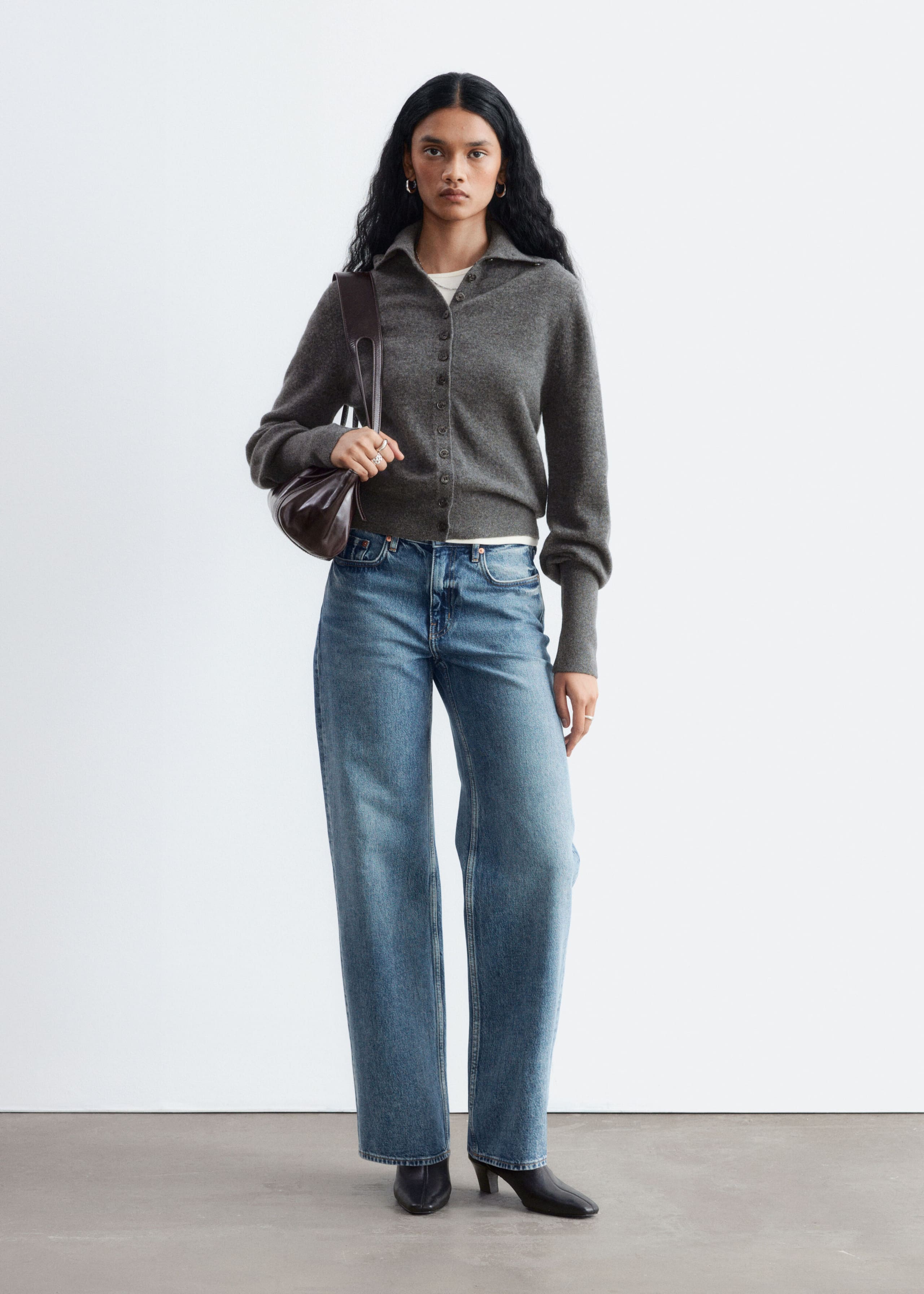 High-Neck Wool Cardigan Dark Grey