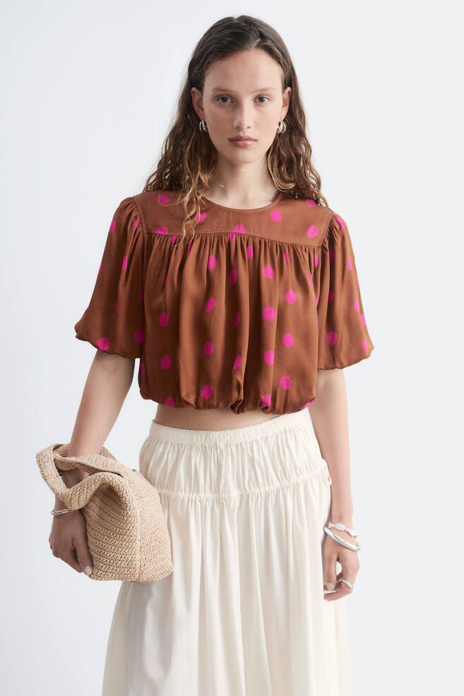 Gathered Crop Top - Brown/Dots - 1