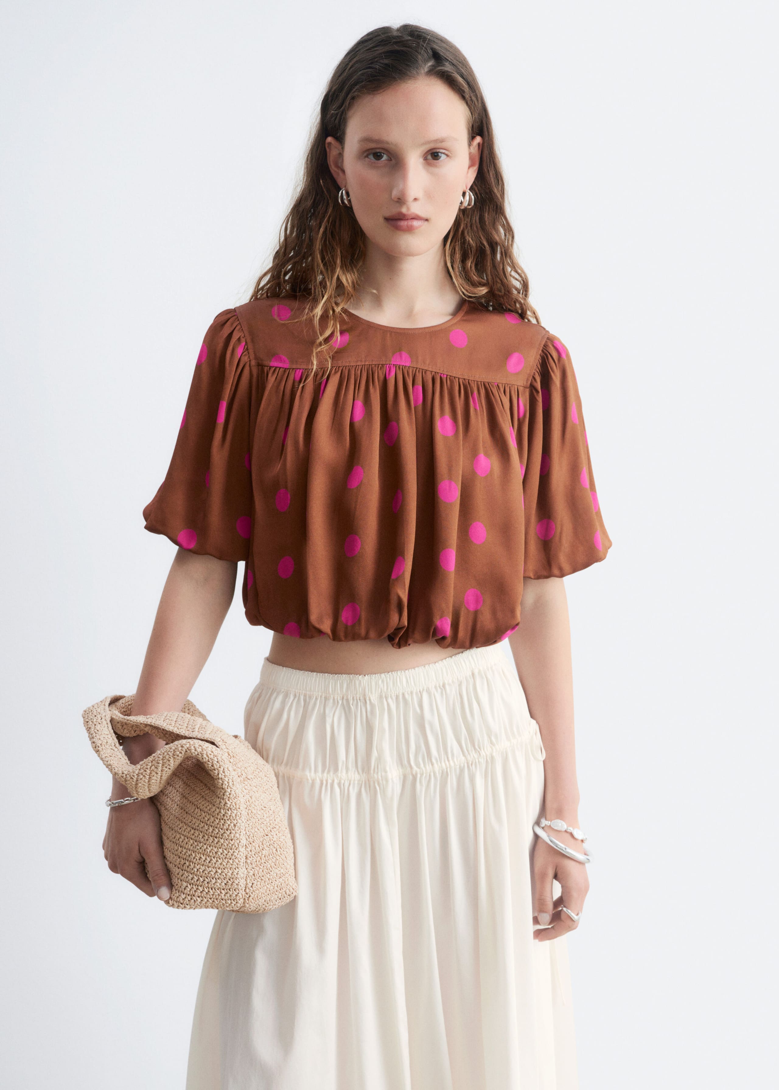 Gathered Crop Top - Brown/Dots - Lookbook