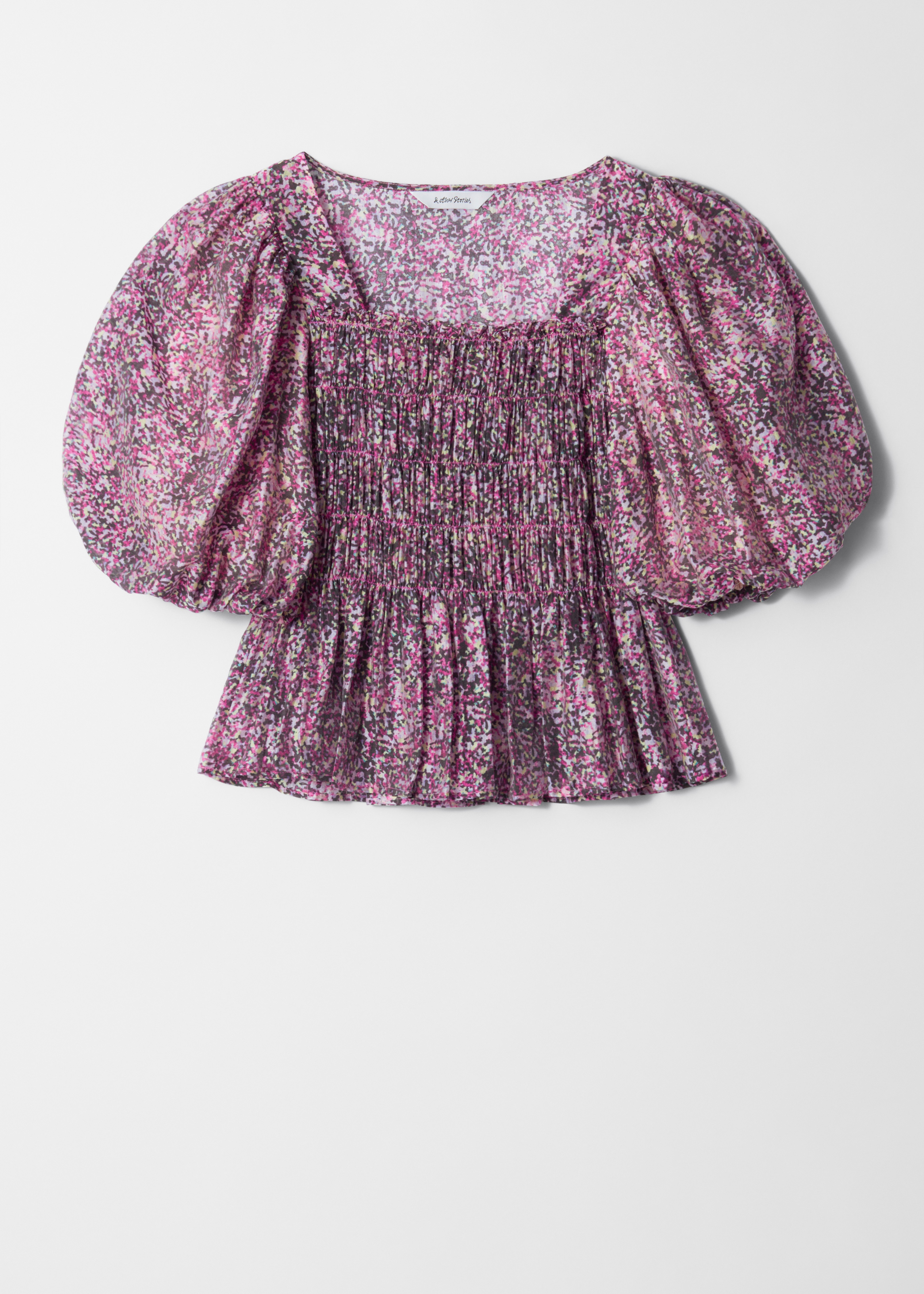 Blusa con maniche a sbuffo e lavorazione smock - Motivo viola/Nero