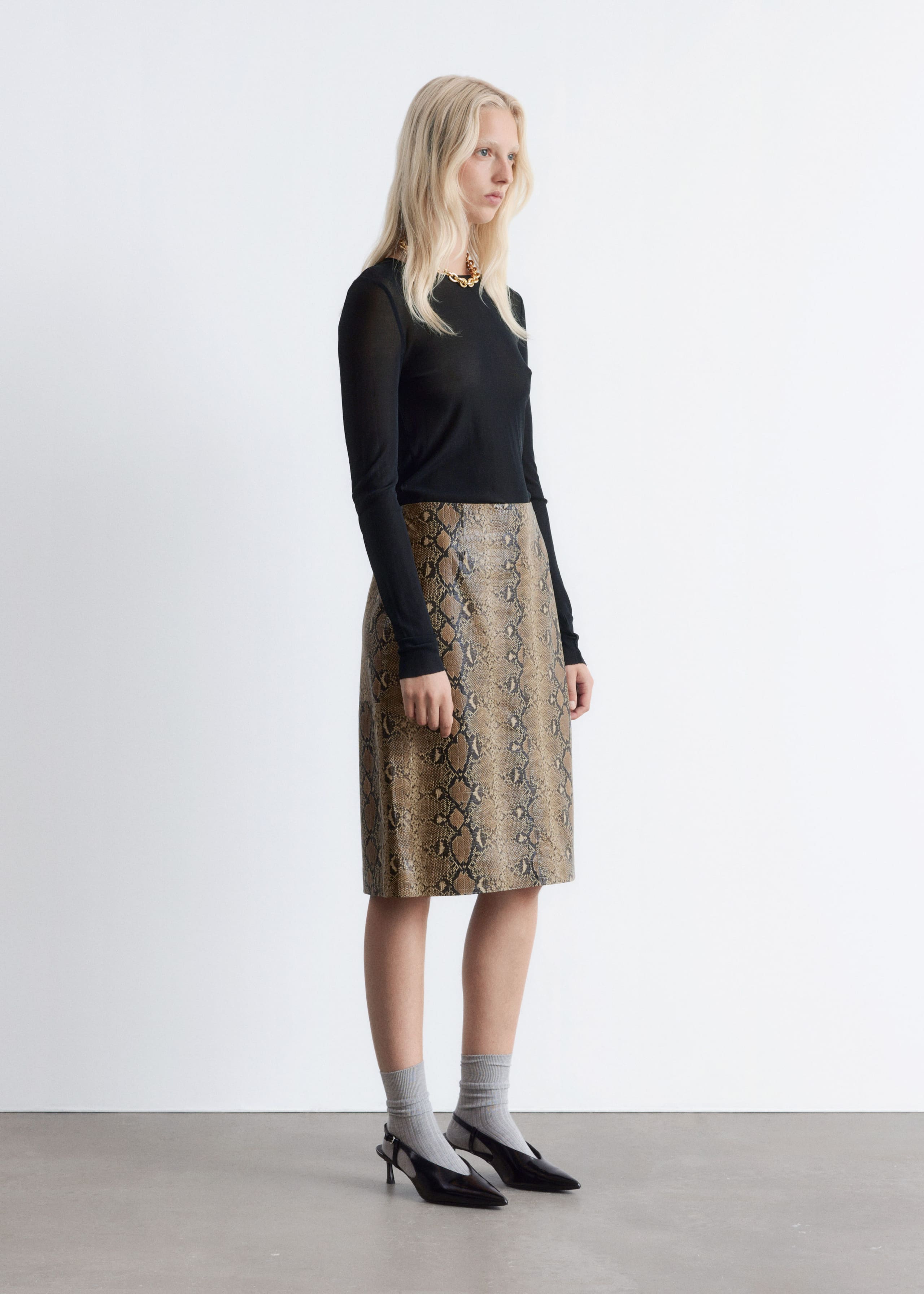 Image of Snake Pattern Leather Midi Skirt