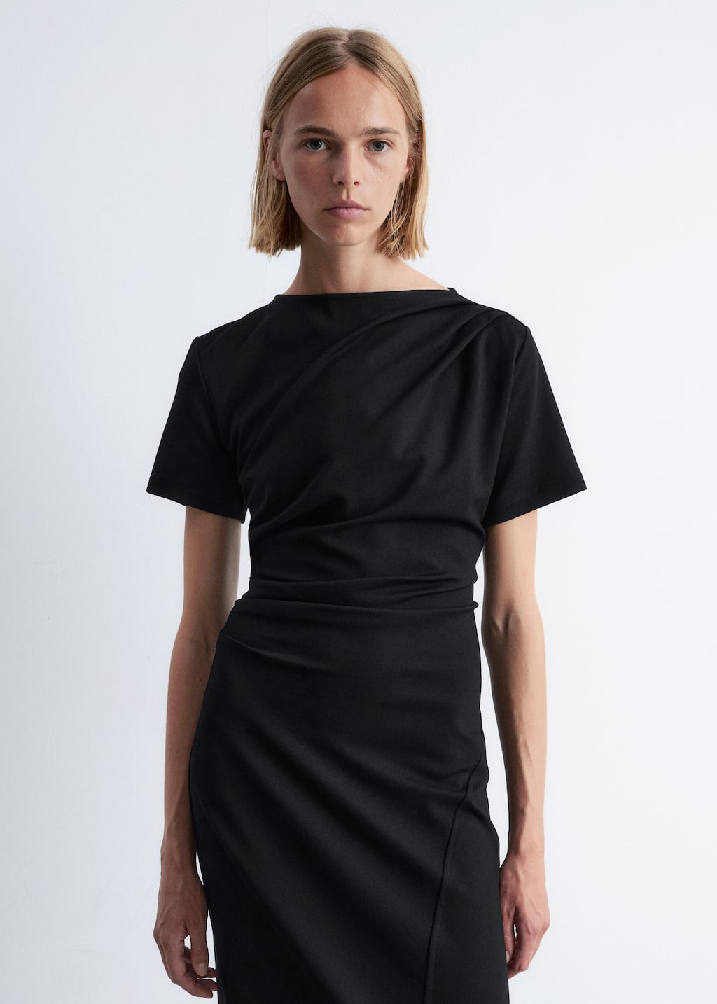 Image of Draped Short-Sleeve Midi Dress
