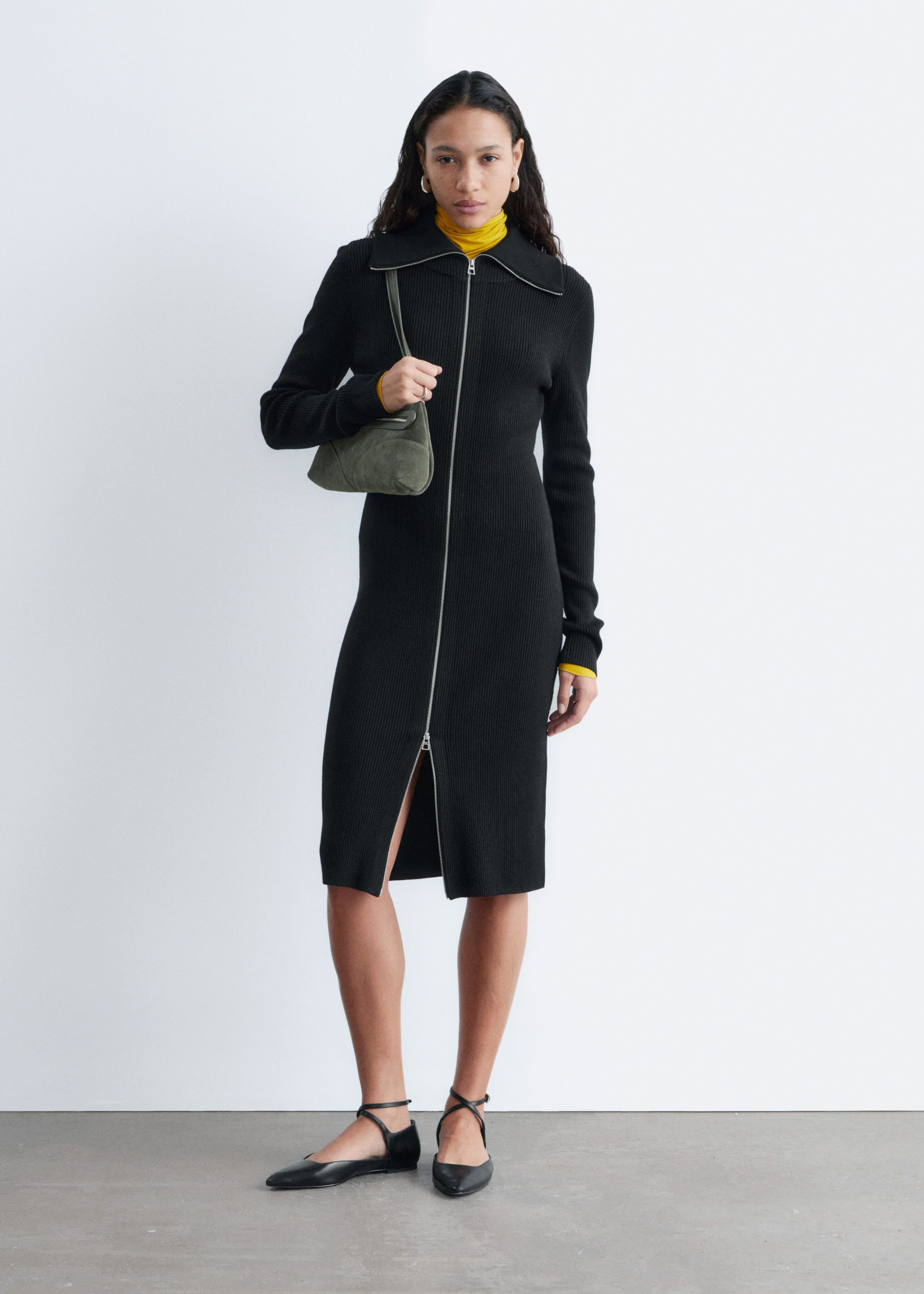Image of Ribbed Zip-Front Midi Dress