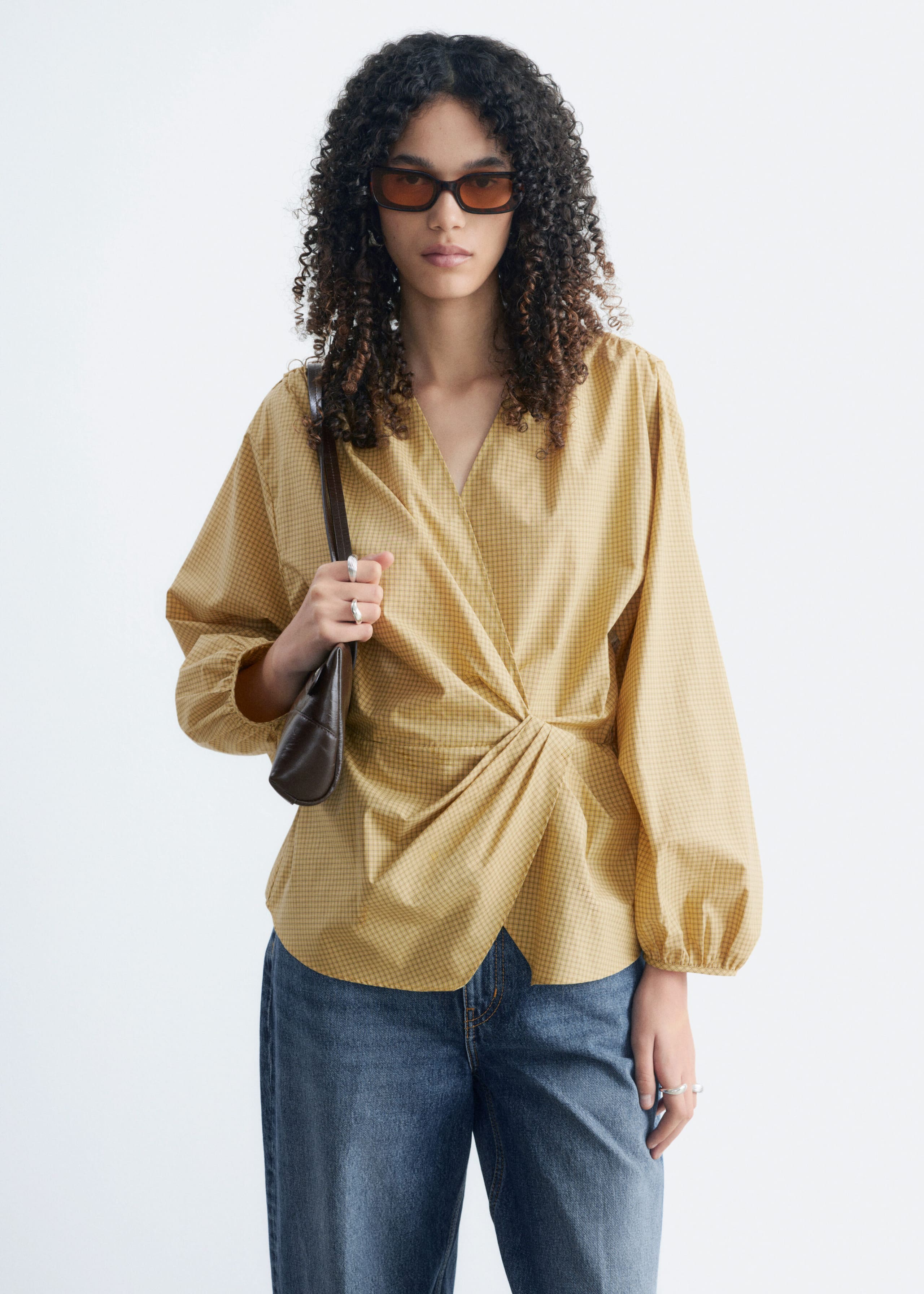 Blusa incrociata in cotone - Giallo/Motivo a quadri - Lookbook