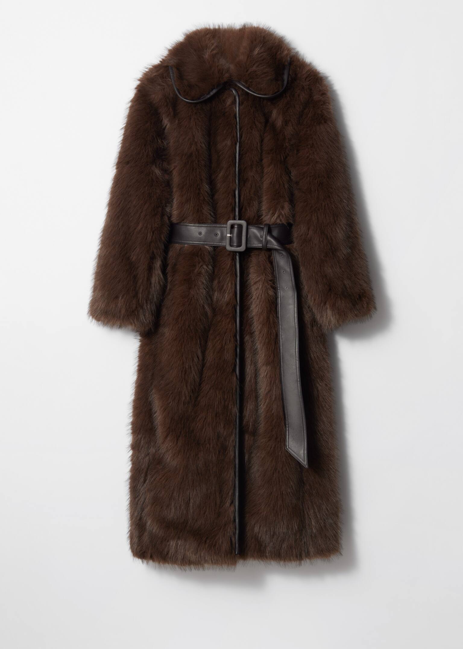 Belted Faux Fur Coat - Brown