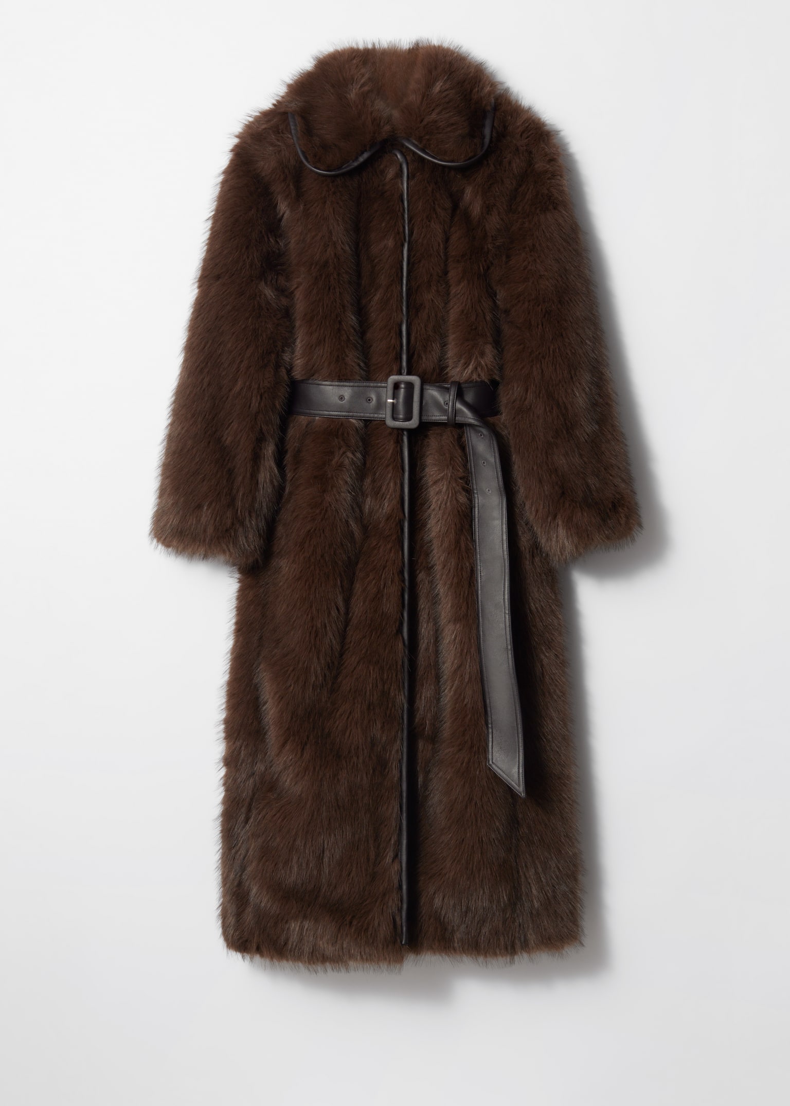 Belted Faux Fur Coat - Brown