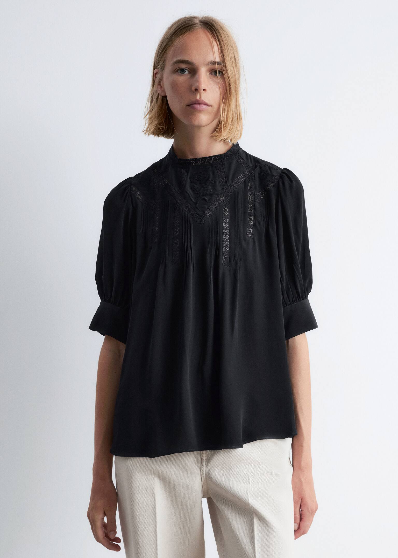 Embroidered Lace Blouse - Black/Black