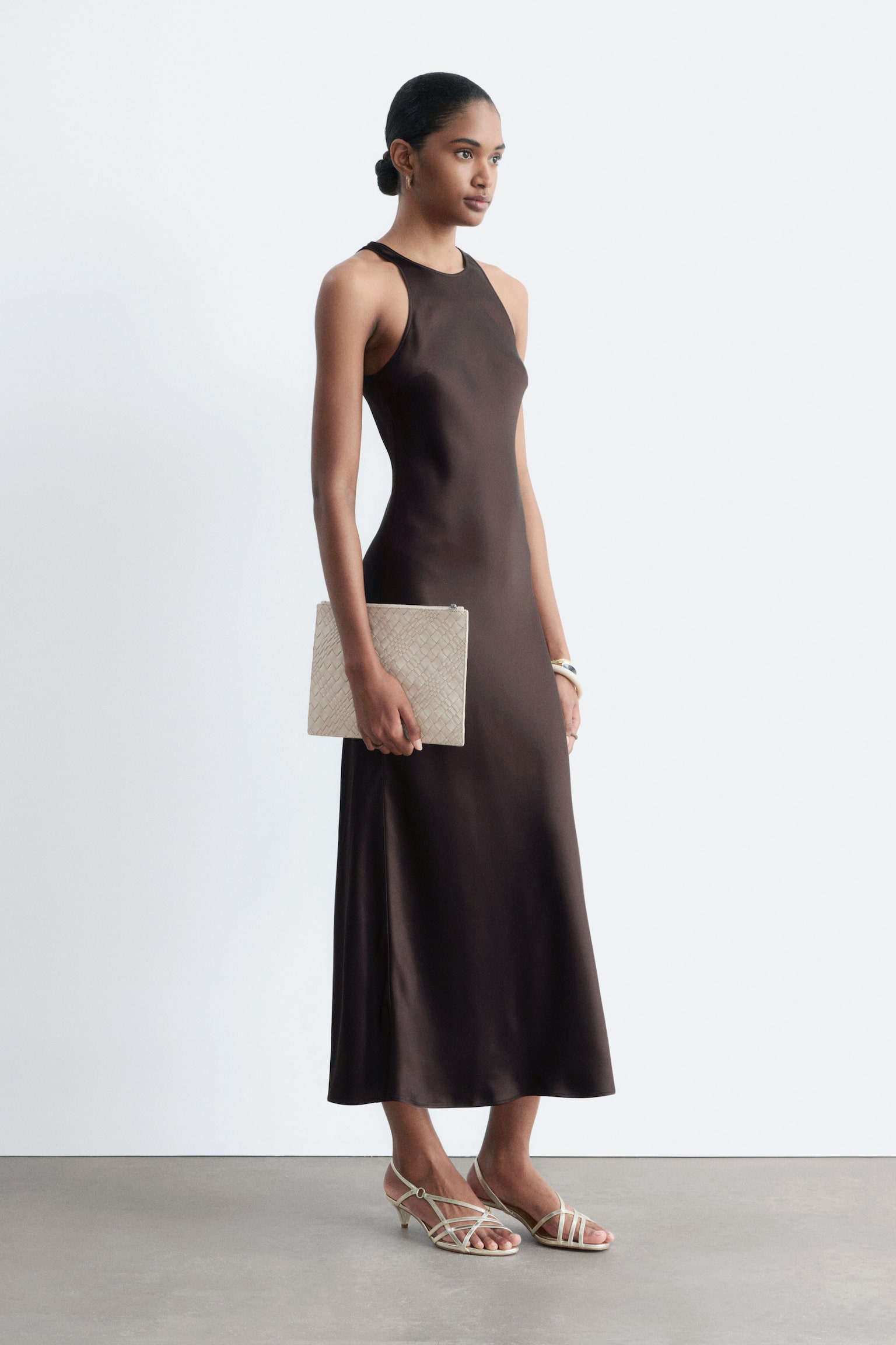 Sleeveless Satin Midi Dress - Dark Brown - 6