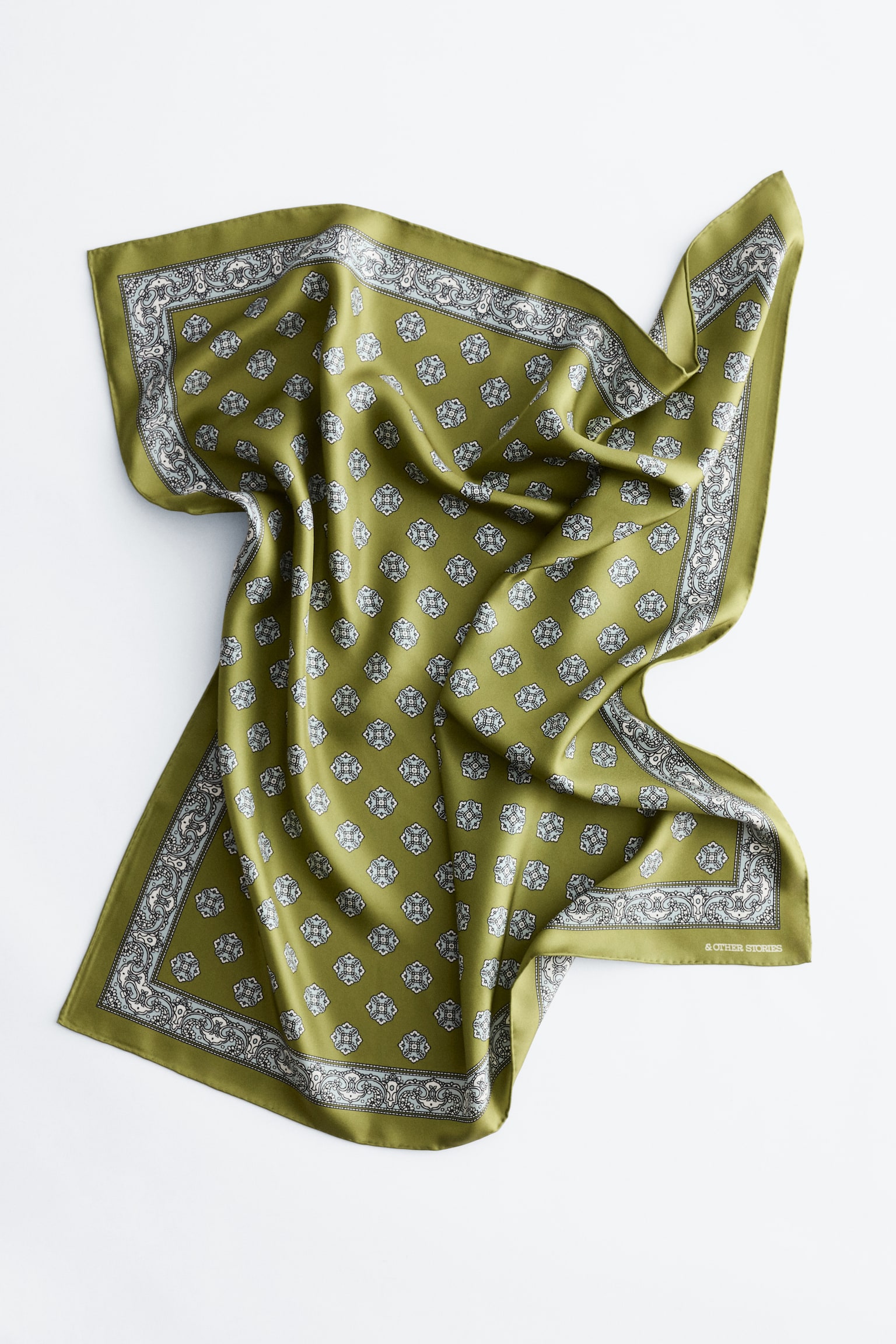 Printed Silk Scarf - ירוק/חום כהה - 3