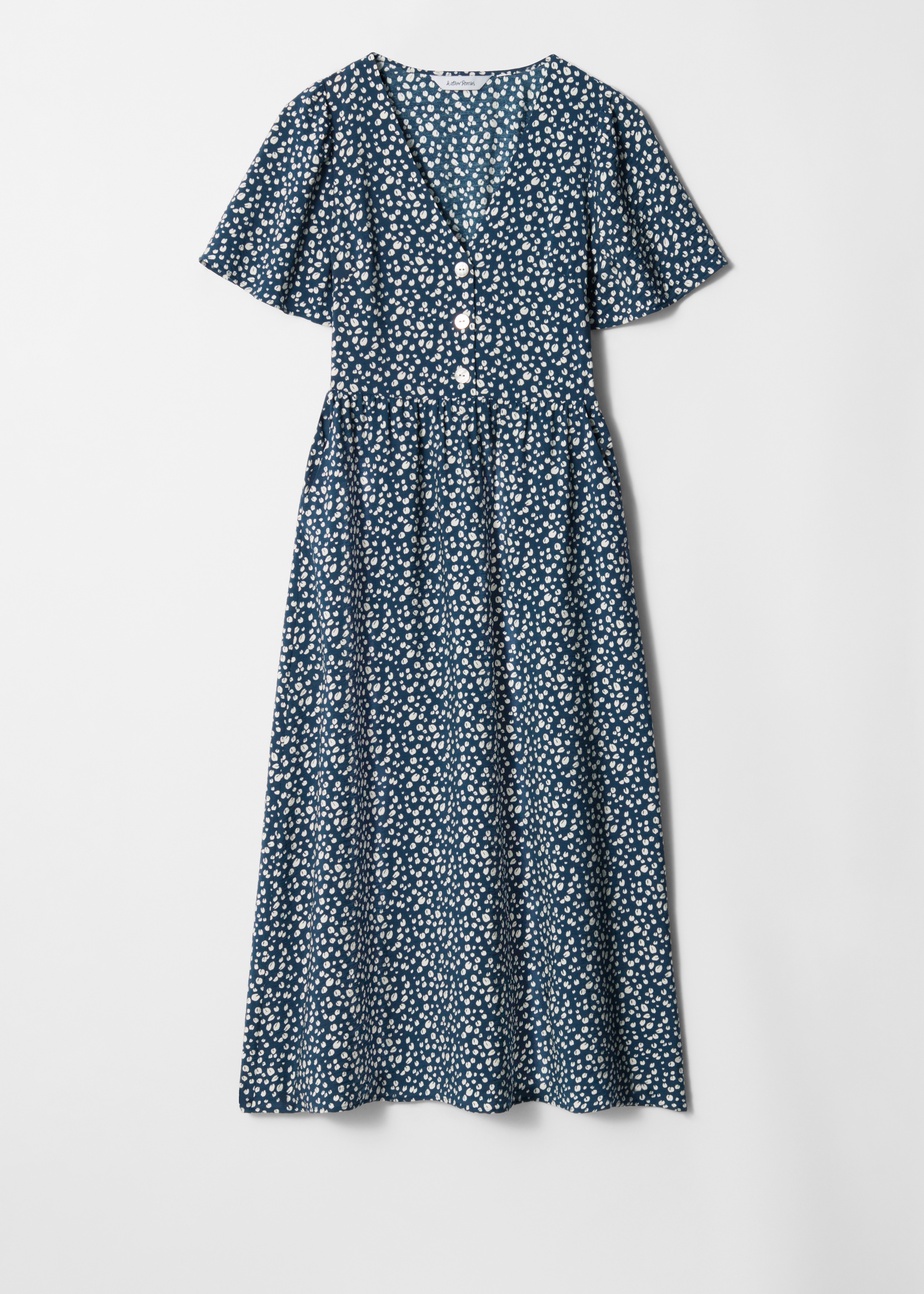 V-образна рокля миди - Син принт/Черно/Синьо на точки