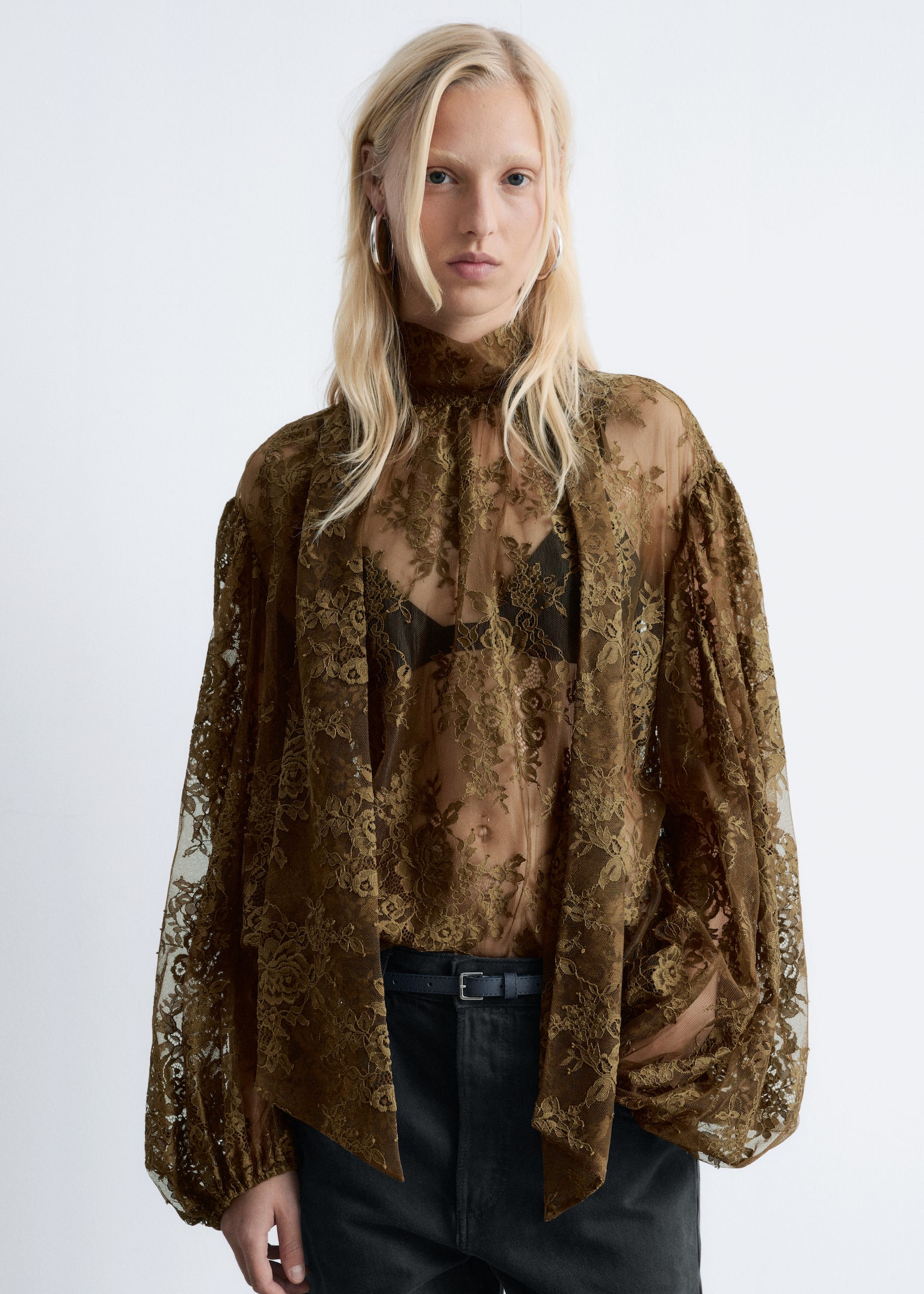 Kanten blouse met strik - Kakigroen - 3