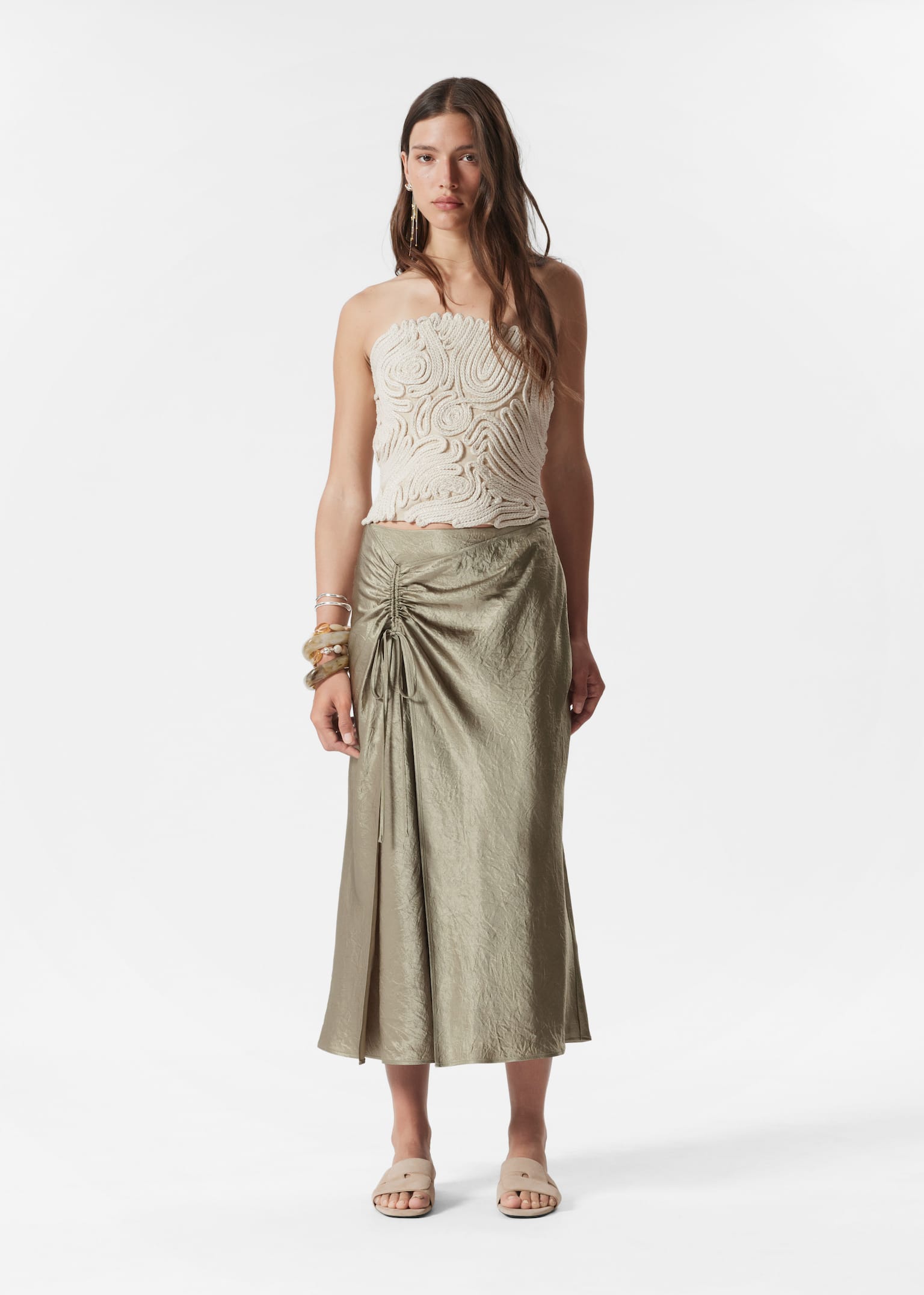 Drawstring Satin Midi Skirt - Sage Green/Dark Red