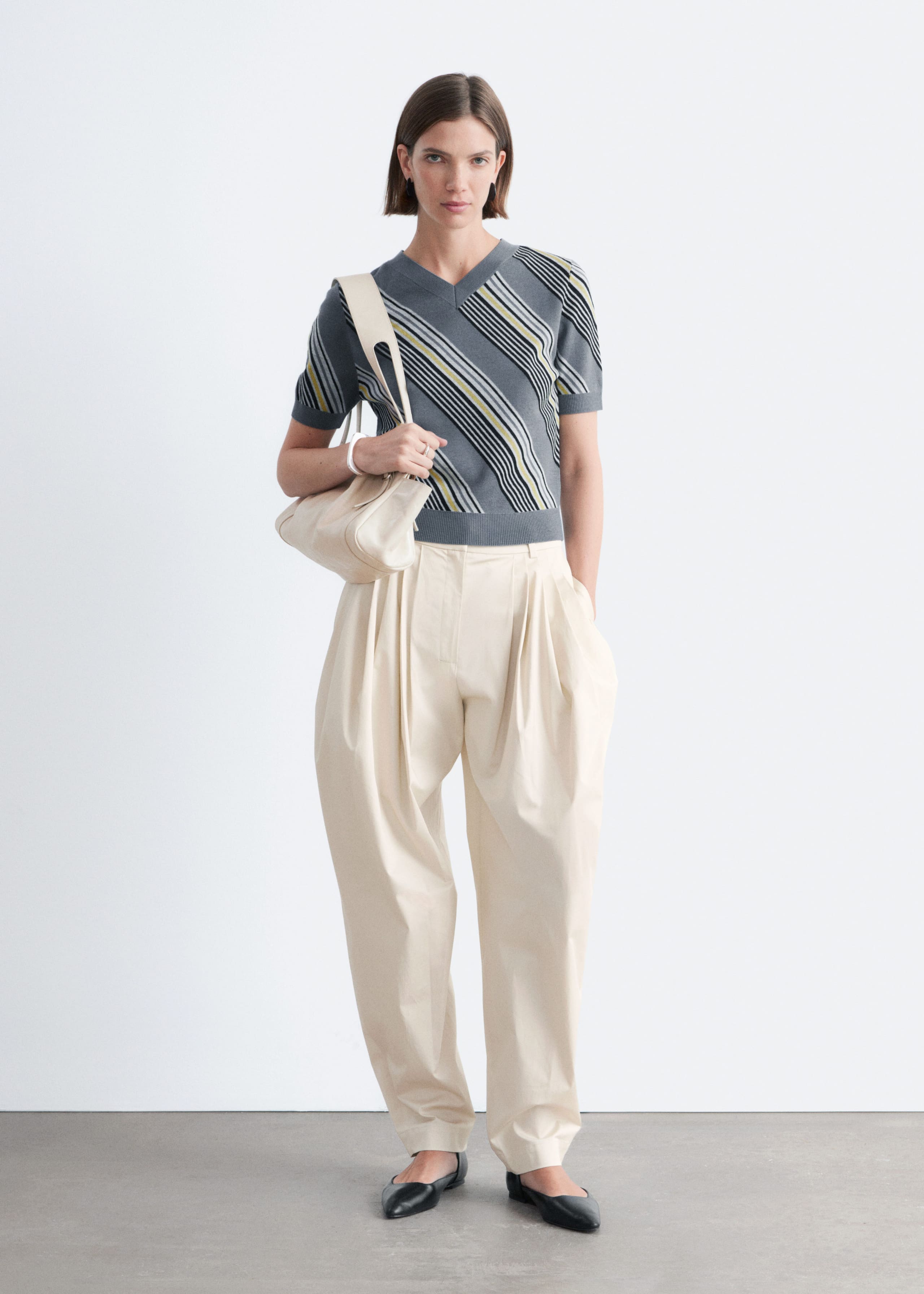 Image of Striped V-Neck Wool T-Shirt