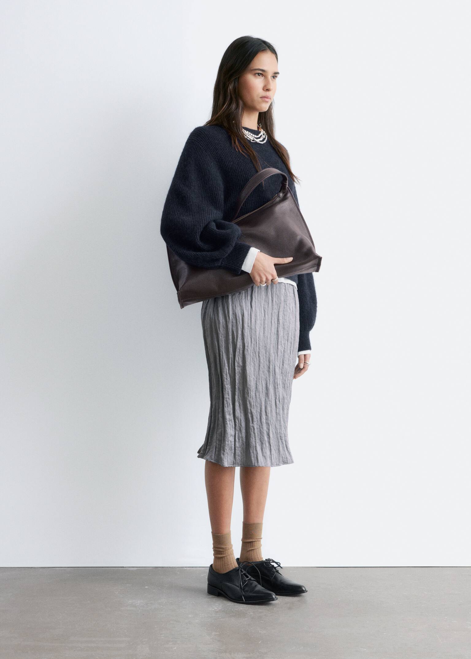 Tröja i alpackablandning med ballongärm - Marinblå/Röd/Brun - 3