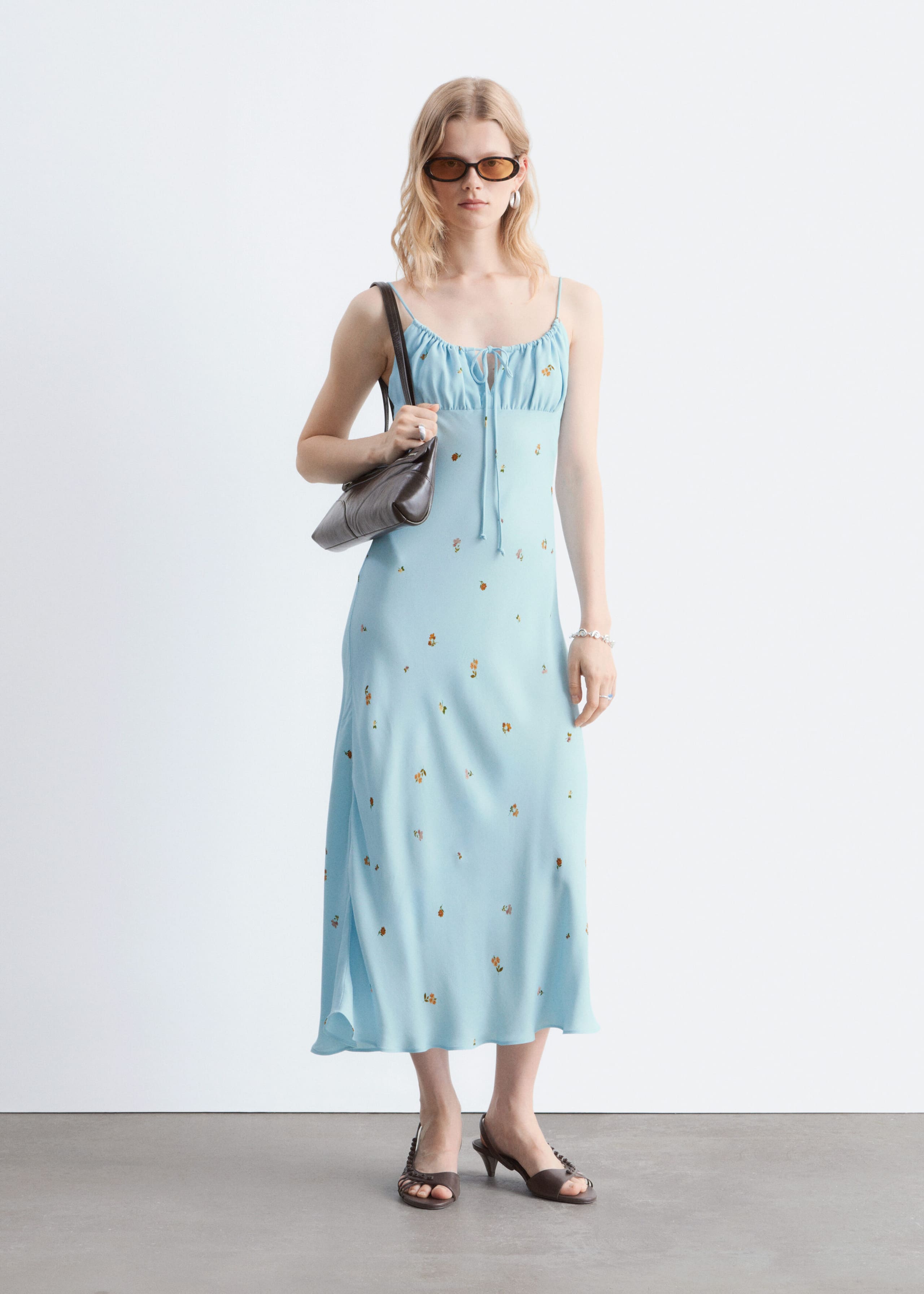 Drawstring Midi Dress - Light Turquoise/Florals - Lookbook