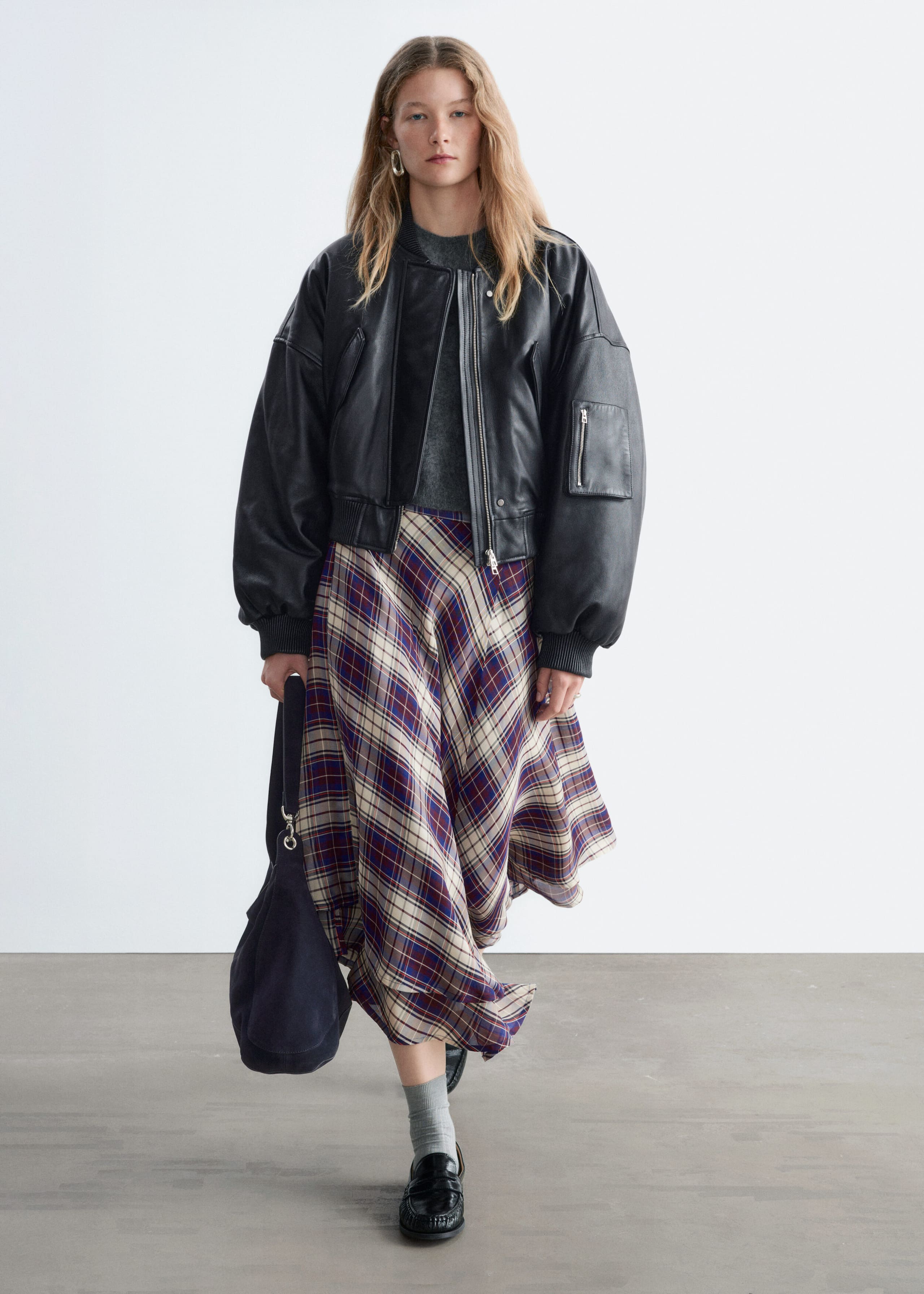 Cropped Leather Bomber Jacket - Black - Lookbook