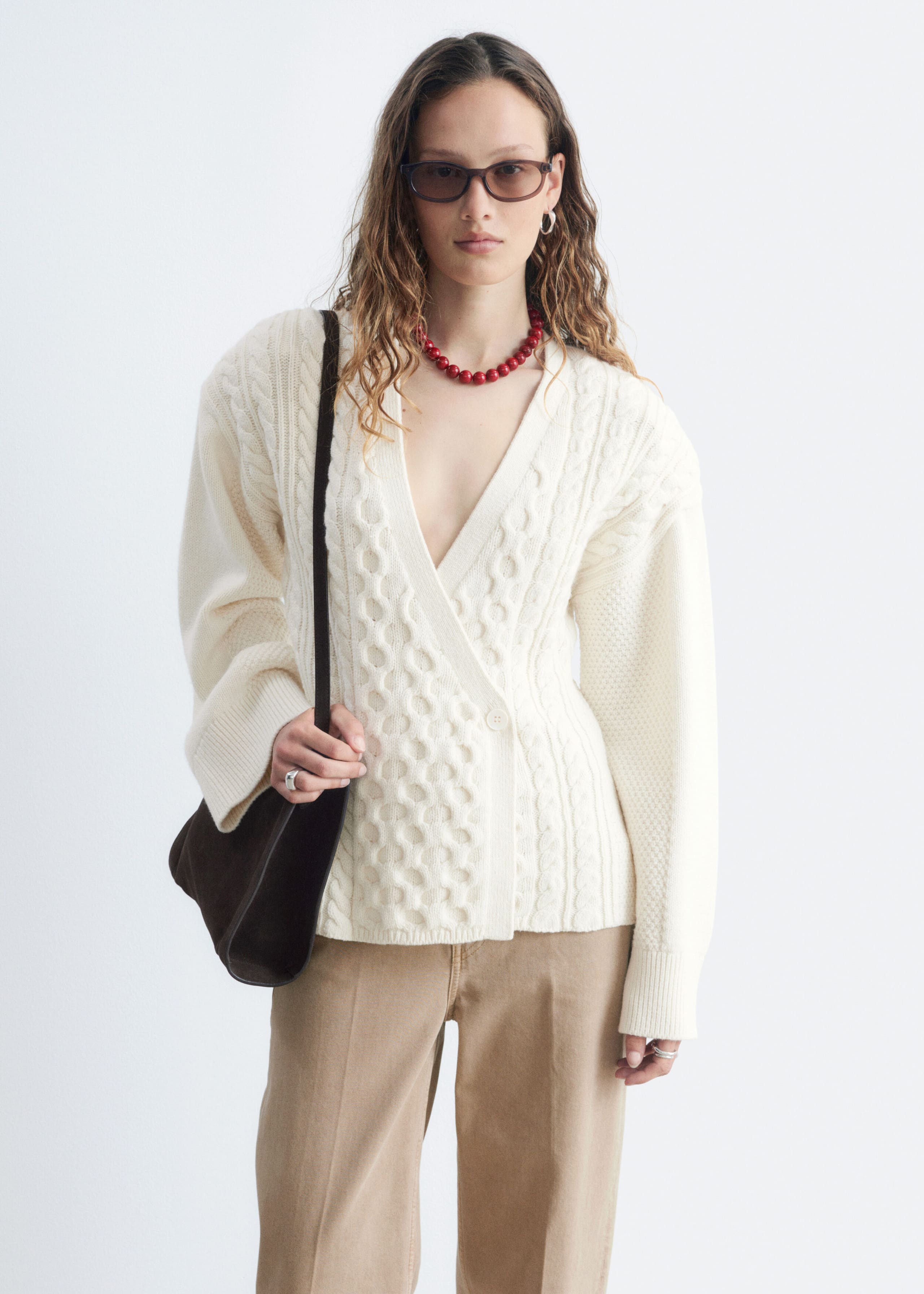 Wool-Cotton Cable Knit Cardigan - White - Lookbook