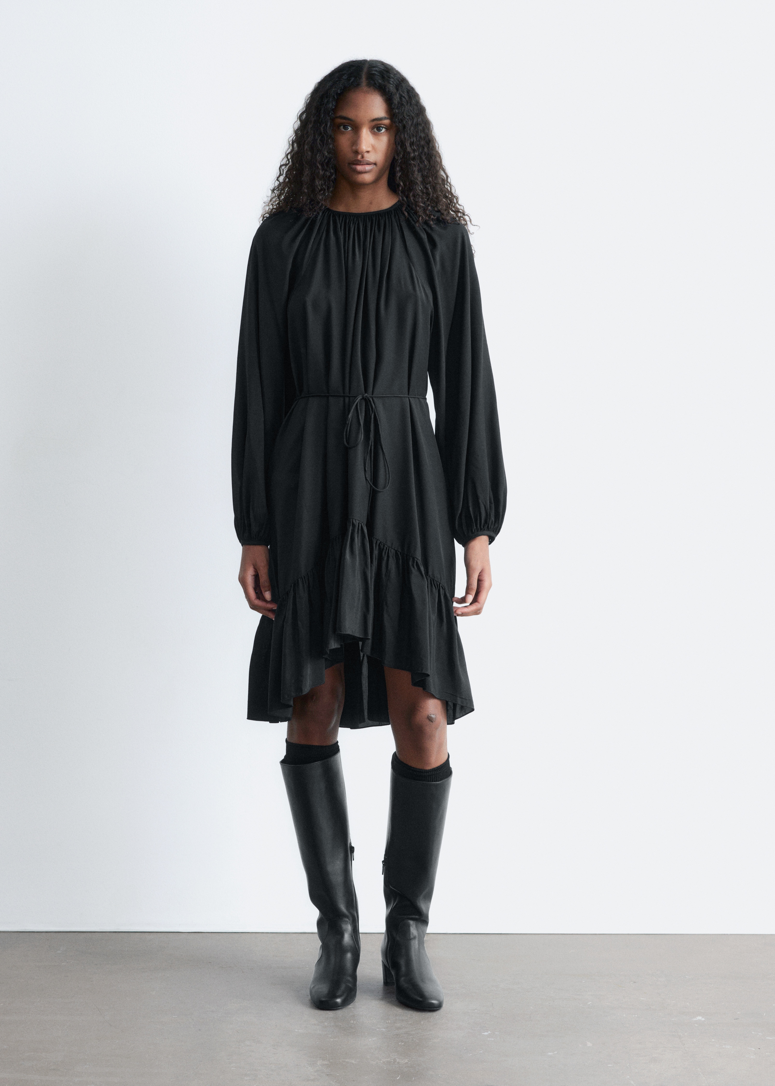 Μίνι Φόρεμα με Μπαλούν Μανίκια - Μαύρο/Σκούρο Κόκκινο