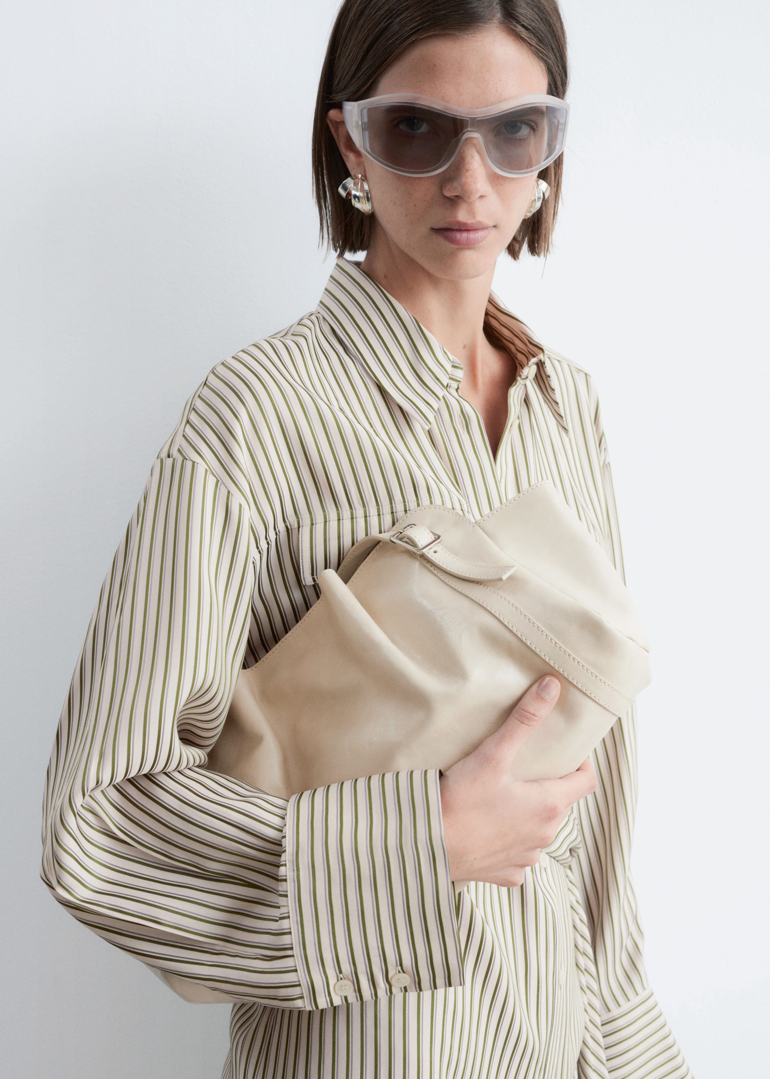 Tie-Belt Mini Shirt Dress - White/Green Pinstripes - Lookbook