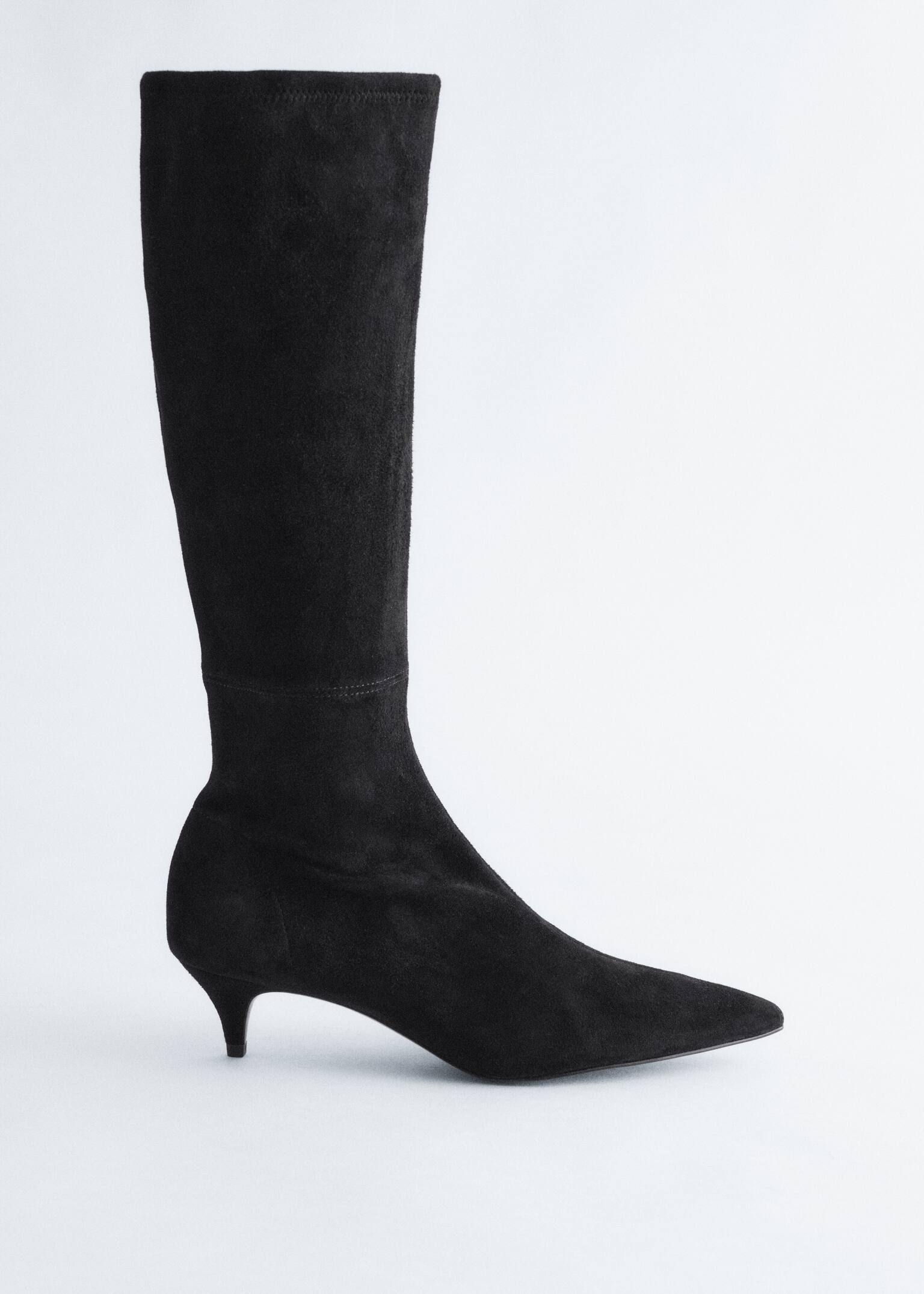 Stretch-Suede Knee Boots - Black
